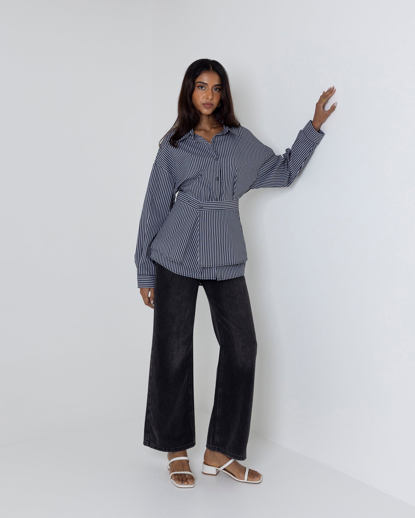 Belted Striped Button-Up Shirt