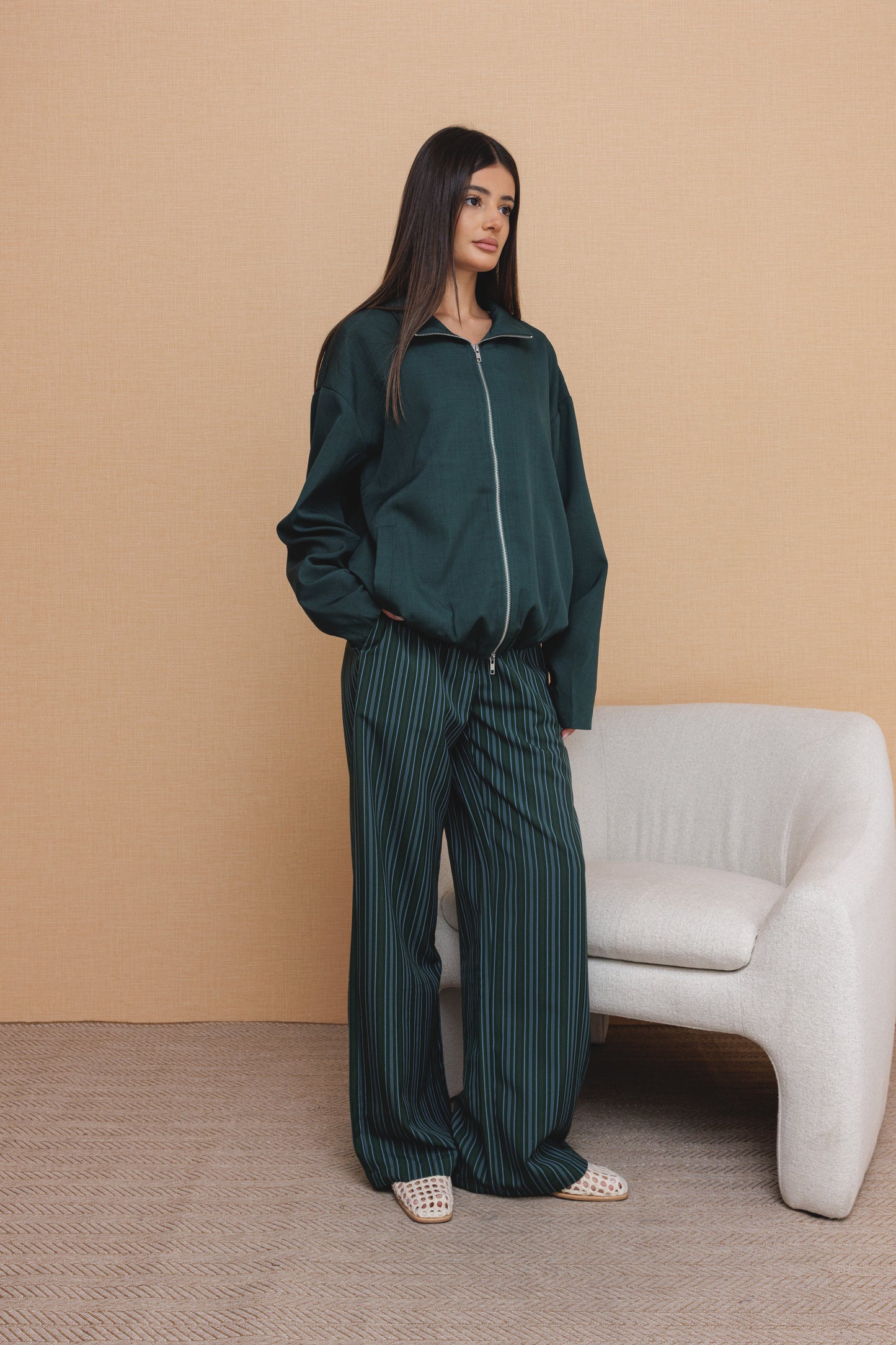 Green Striped Pants with Plain Jacket Set