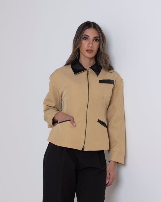 Beige/Yellow Waisted Jacket with Leather Collar