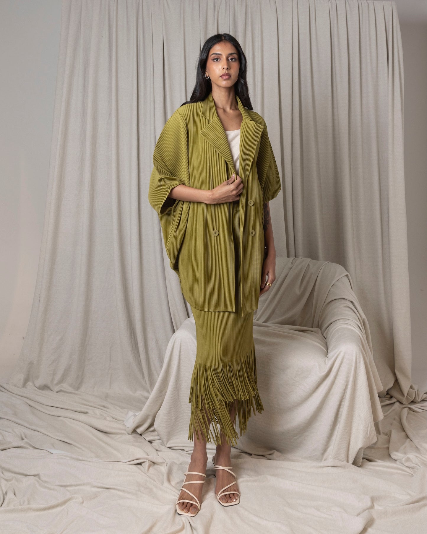 Pleated Fringed Skirt Set