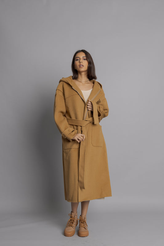 Wool Chestnut Coat with Hoodie