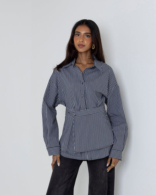 Belted Striped Button-Up Shirt