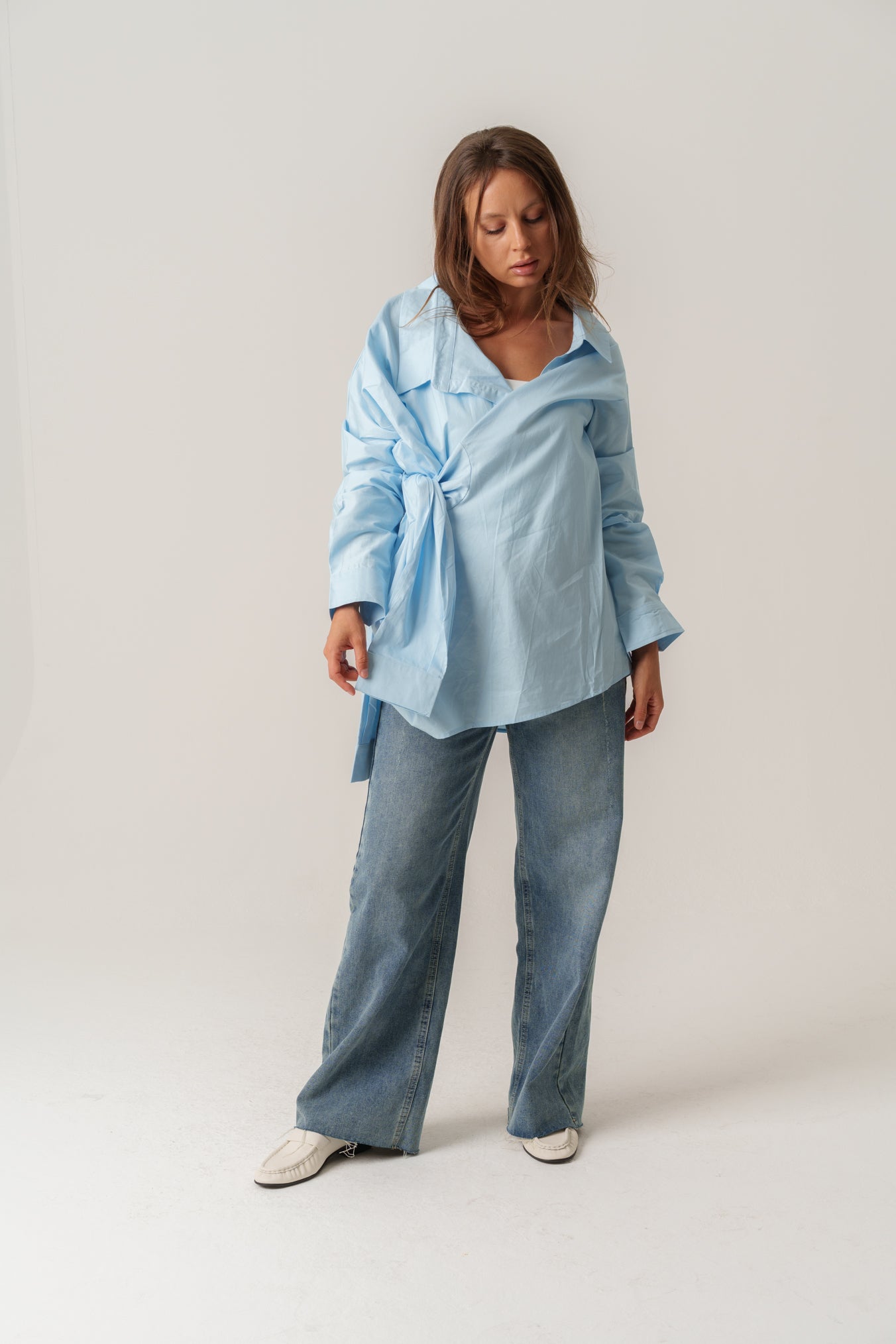 Blue Shirt with Sleeve Wrap