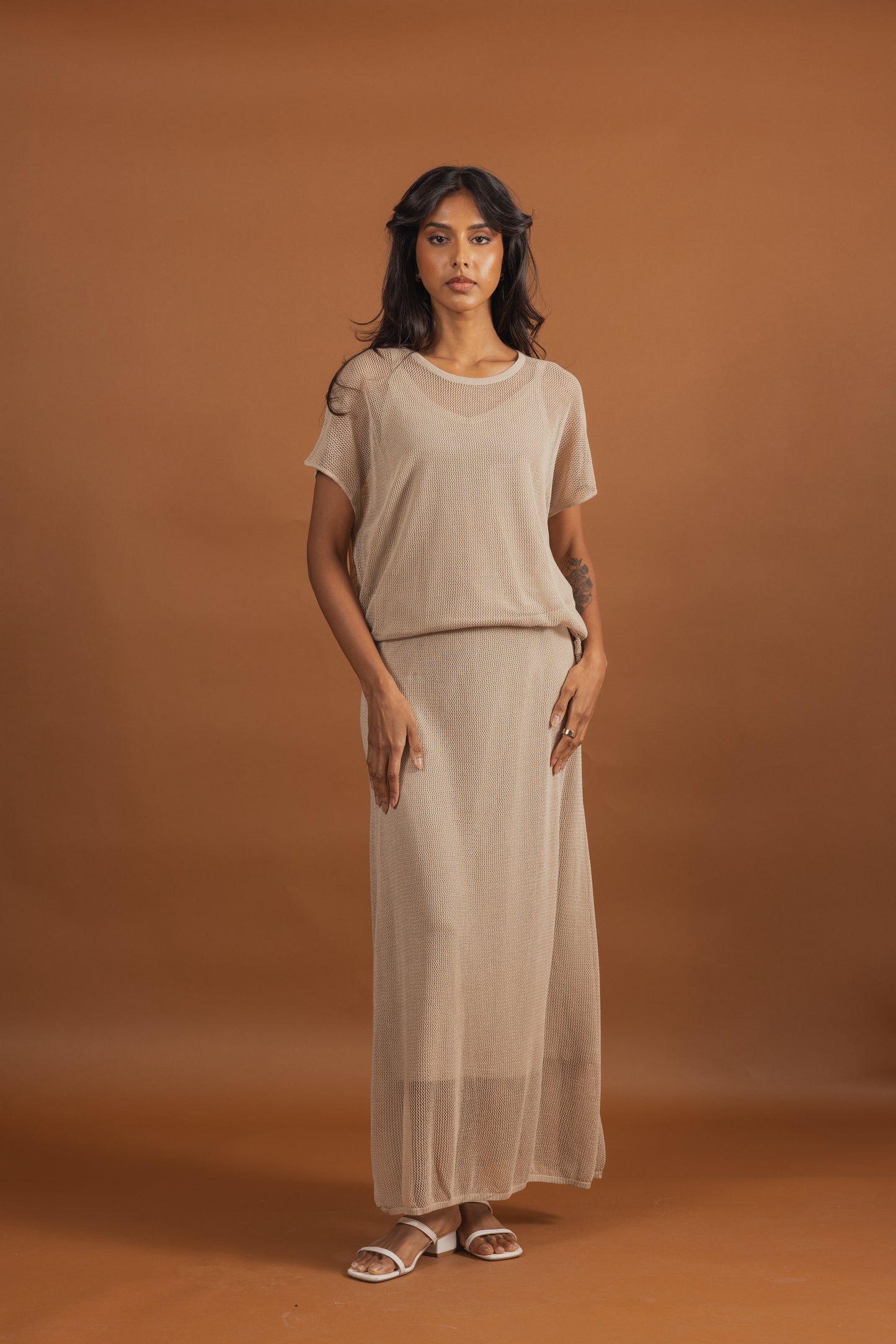 Light Mesh Beige Skirt Set
