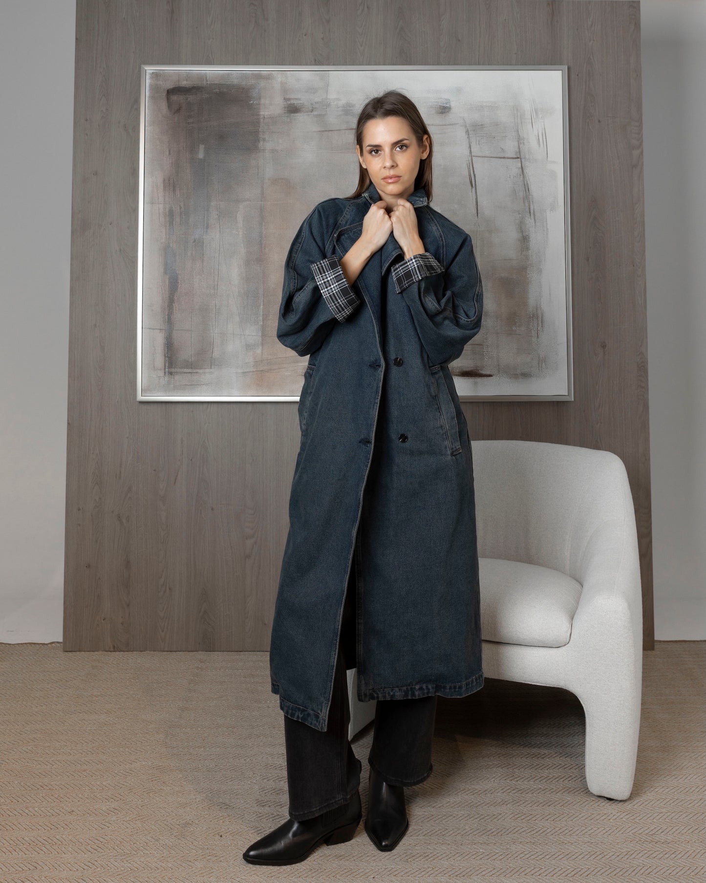 Denim Trench with Plaid Reversible Sleeve