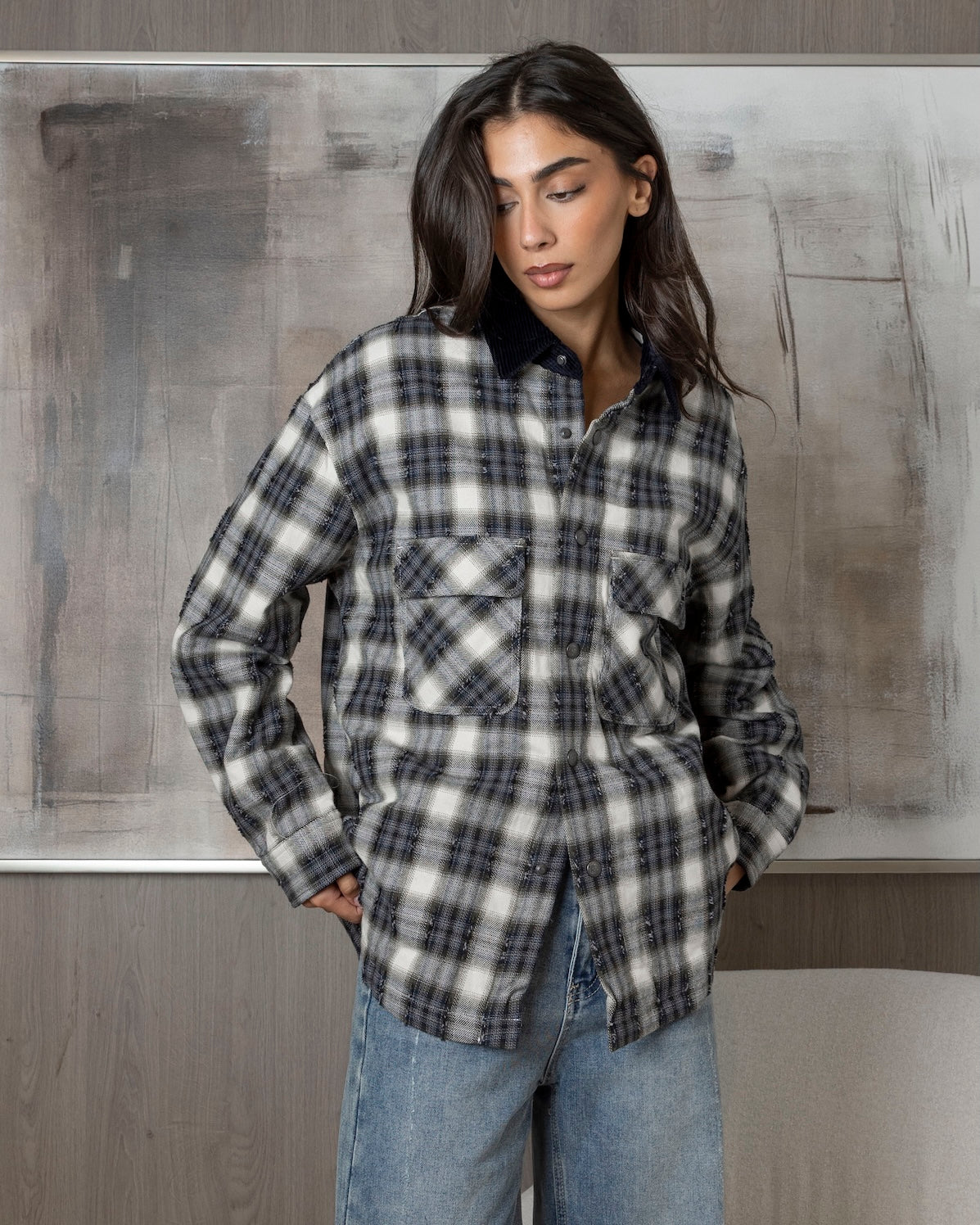 Plaid Shirt with Corduroy Collar
