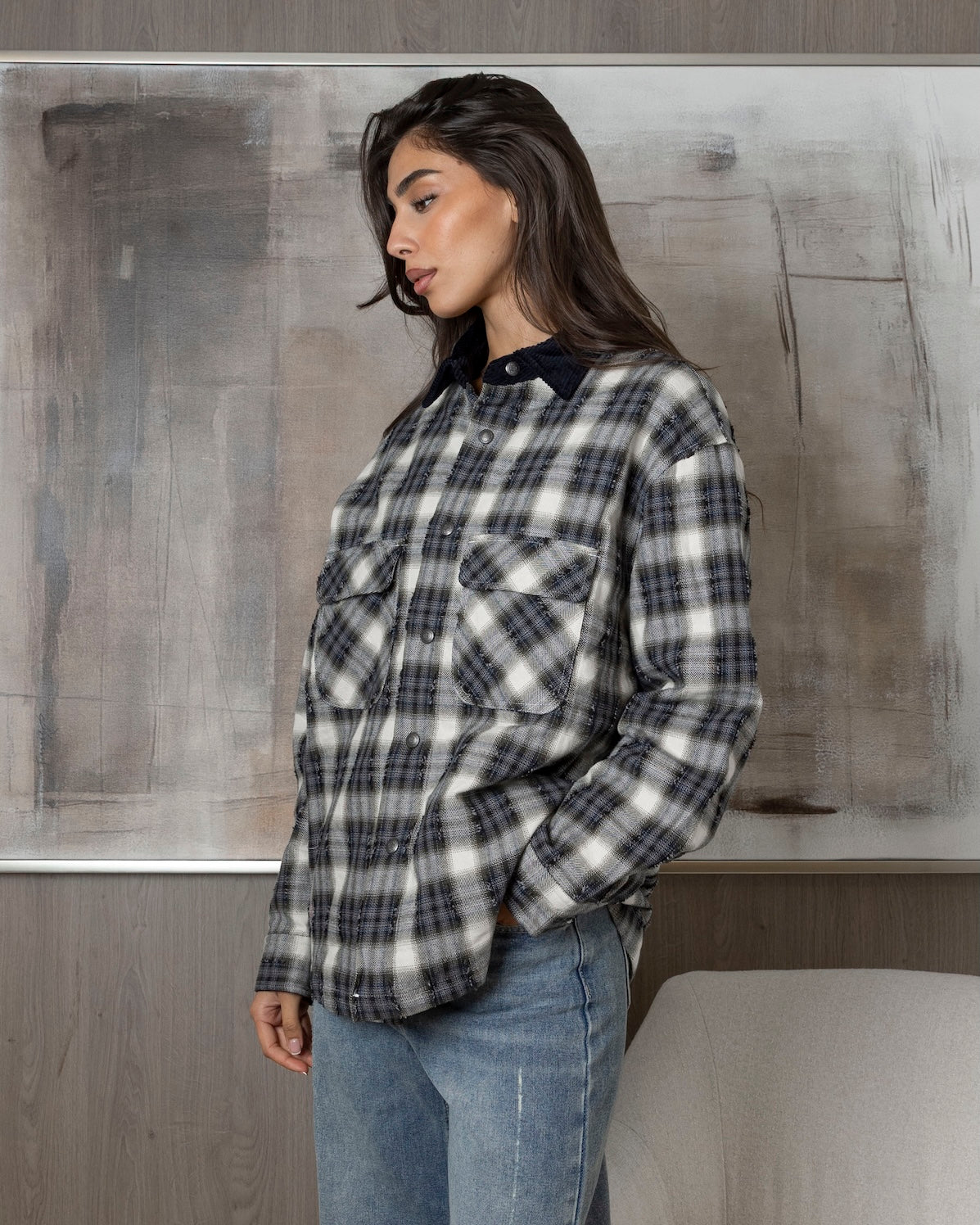Plaid Shirt with Corduroy Collar