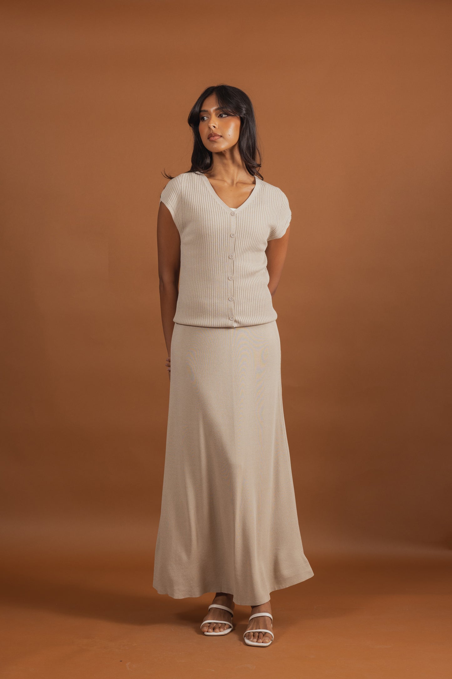 Yellow Ribbed Short Sleeve Cardigan & Skirt Set