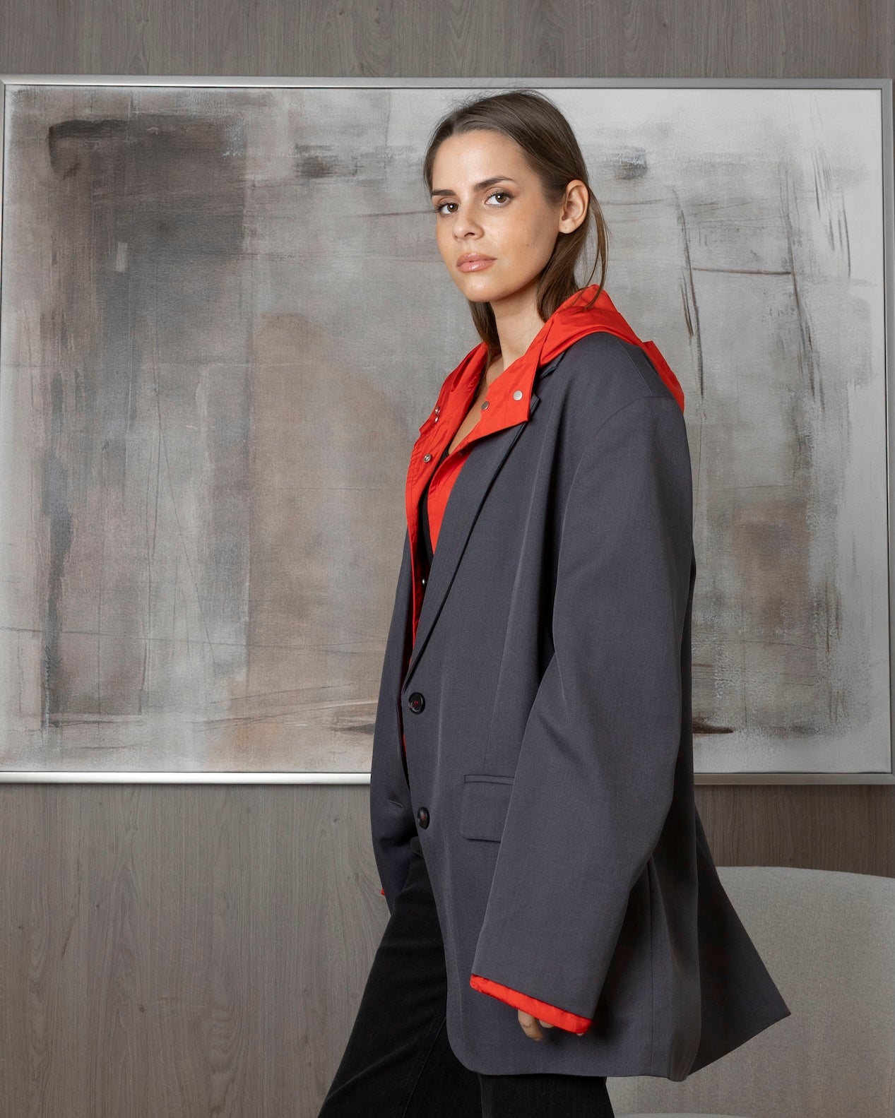 Grey Blazer with Red Hoodie Attached