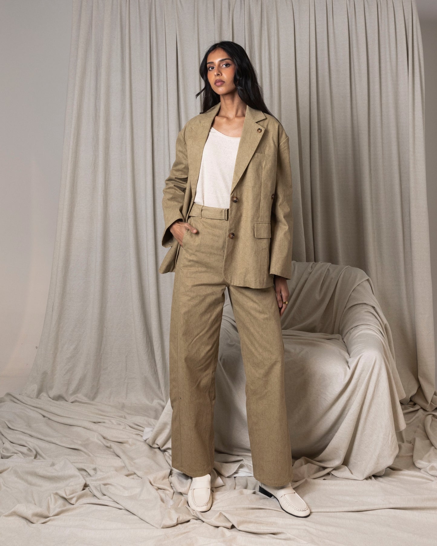 Beige Blazer Set with Side Button