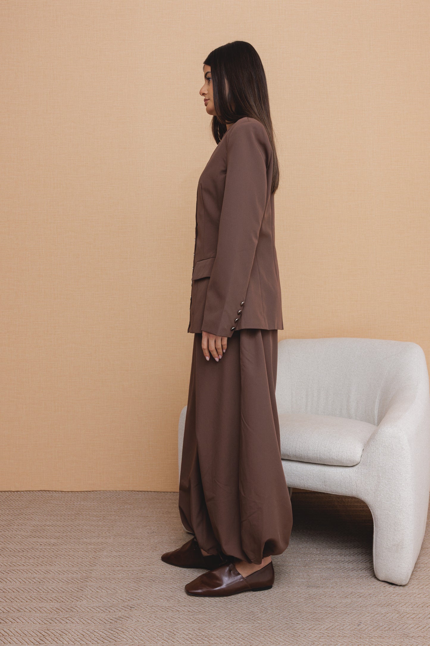 Brown Balloon Pants Buttoned Jacket Set