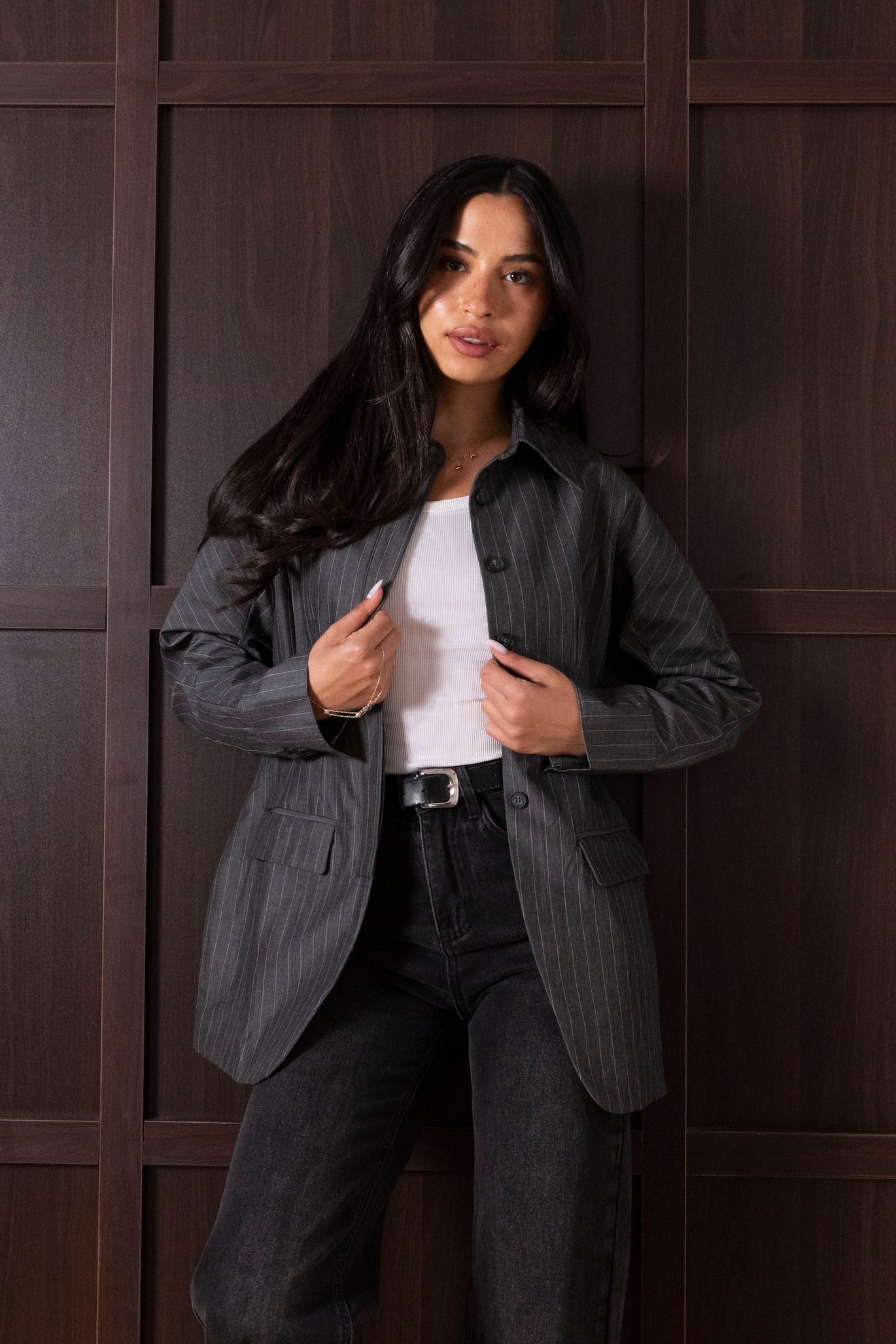 Collared Waisted Striped Jackets (Grey & Beige)