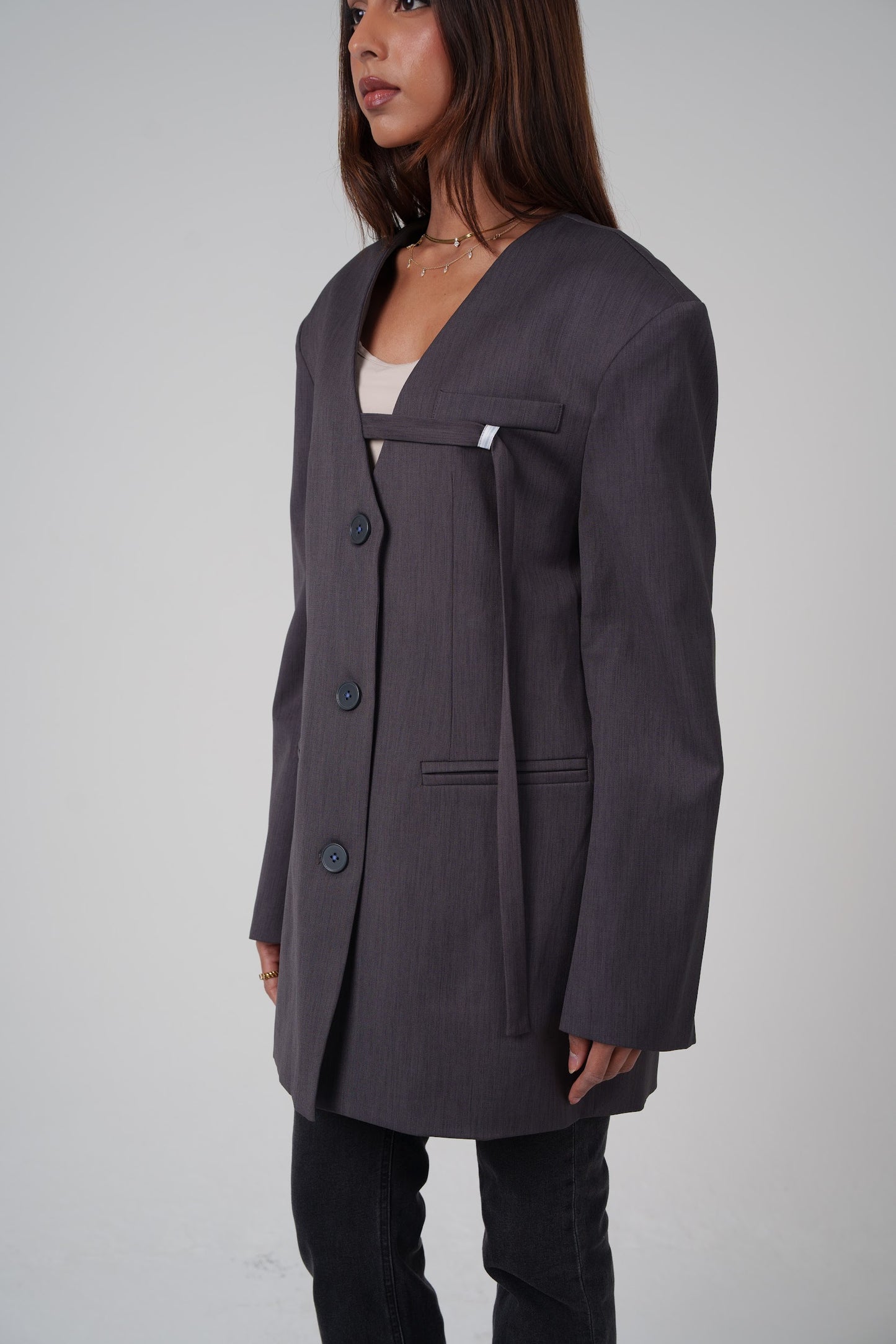 Grey Non-Collared Modern Blazer with Rope