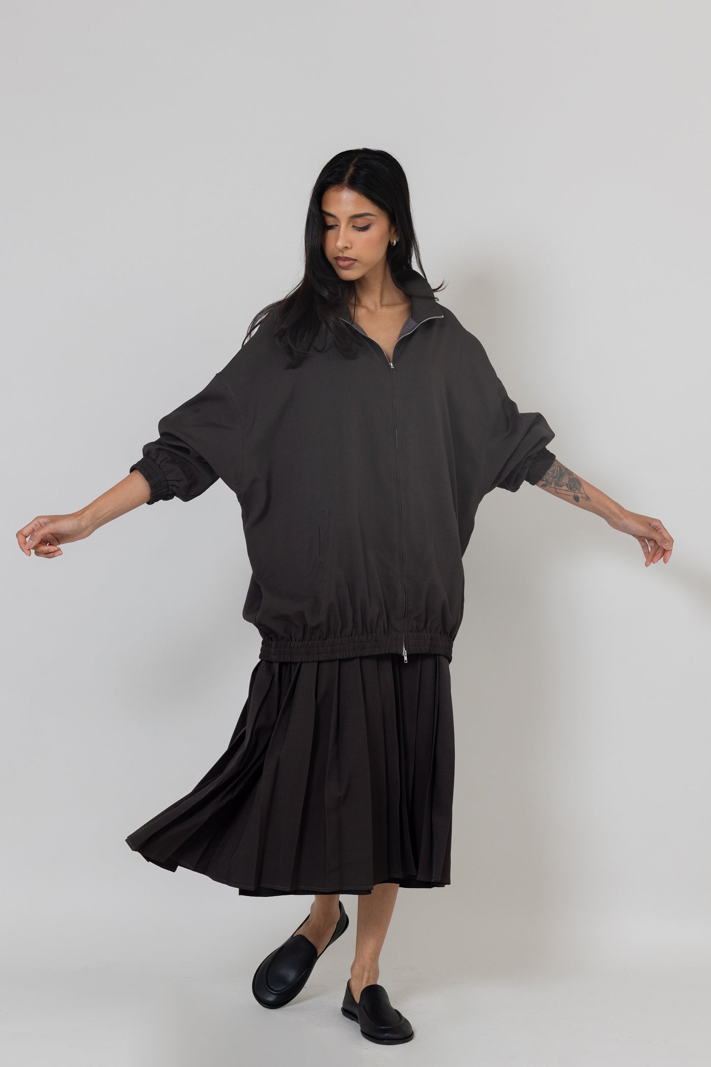 Grey Bomber-like Jacket with Attached Pleats