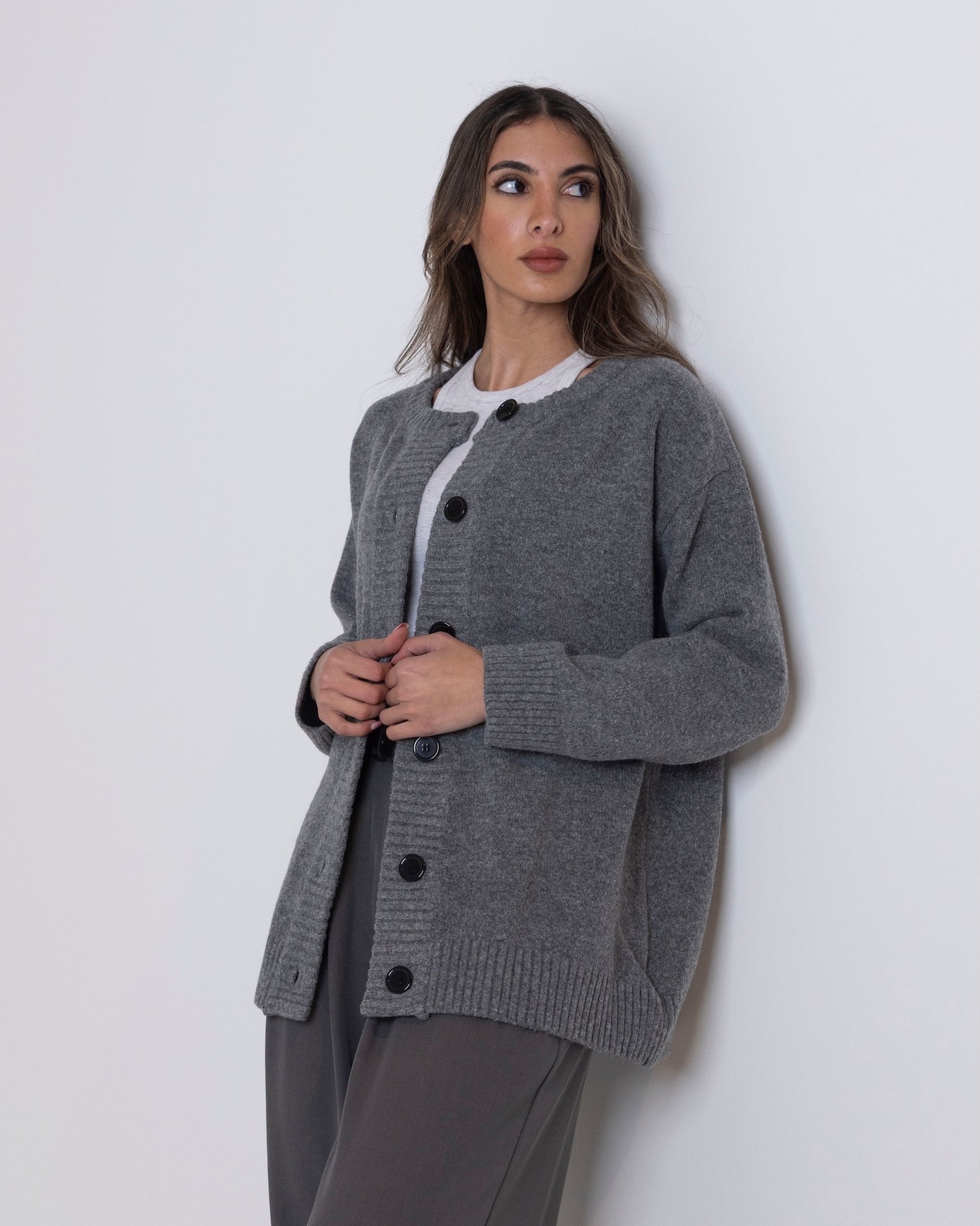 Grey Knit Jacket with Black Buttons
