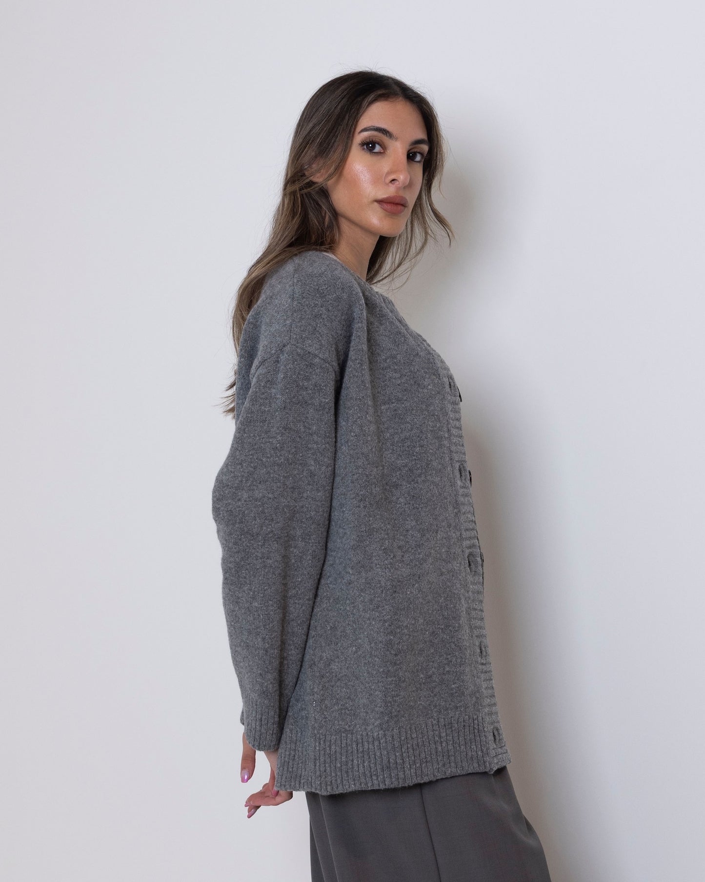 Grey Knit Jacket with Black Buttons