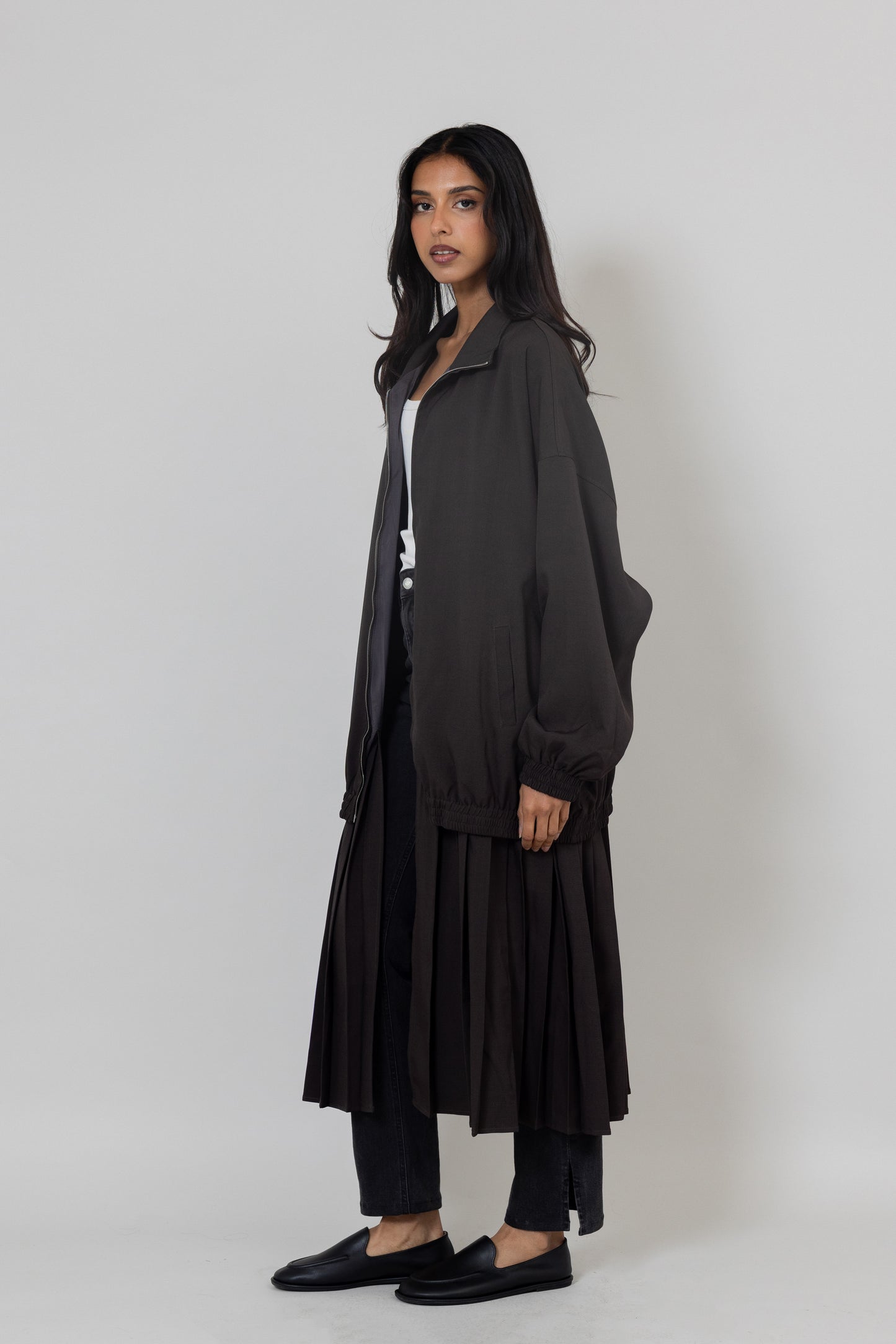 Grey Bomber-like Jacket with Attached Pleats