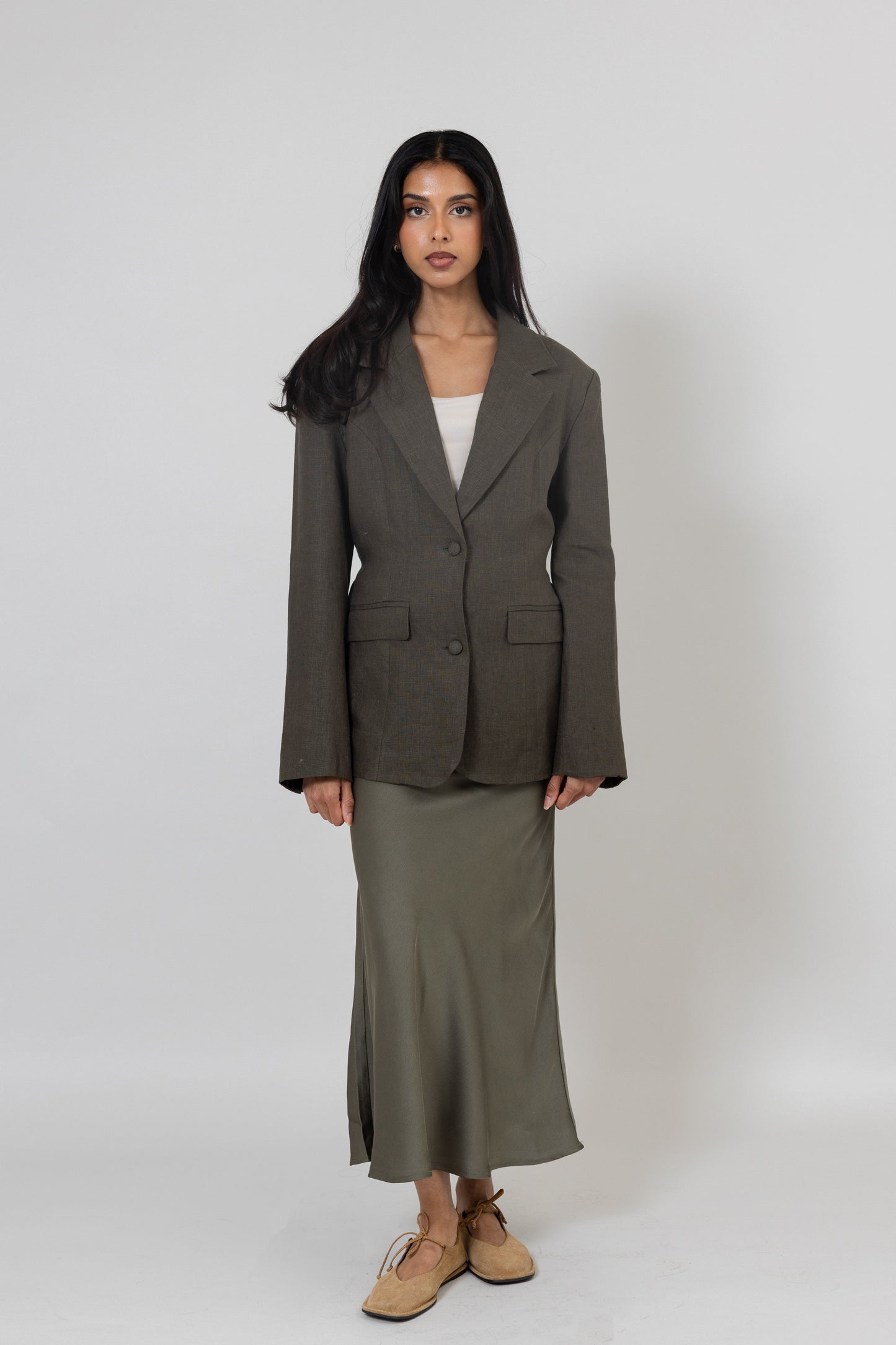 Olive Green Blazer & Silk Skirt Set