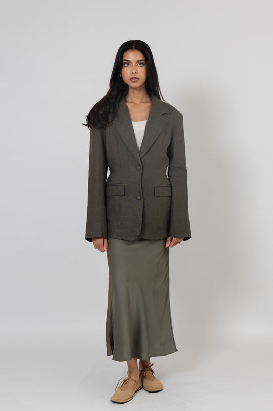 Olive Green Blazer & Silk Skirt Set