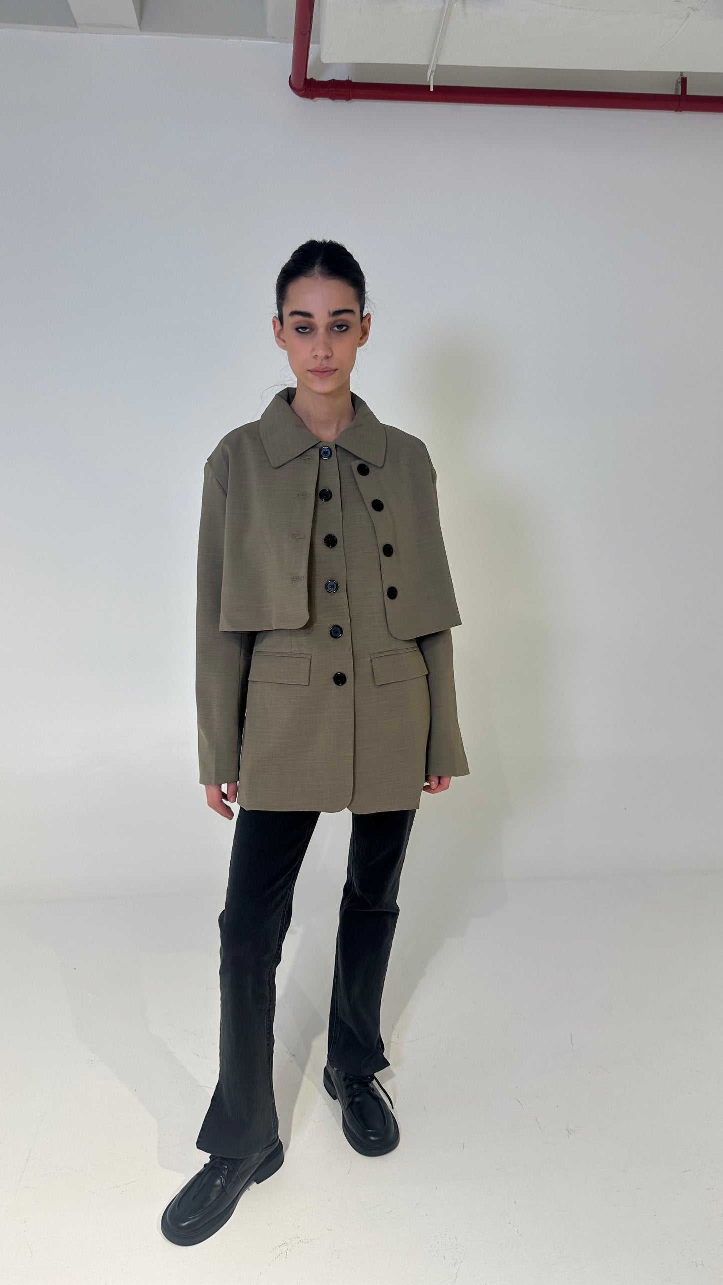 Layered Buttoned Blazer in Dark Beige