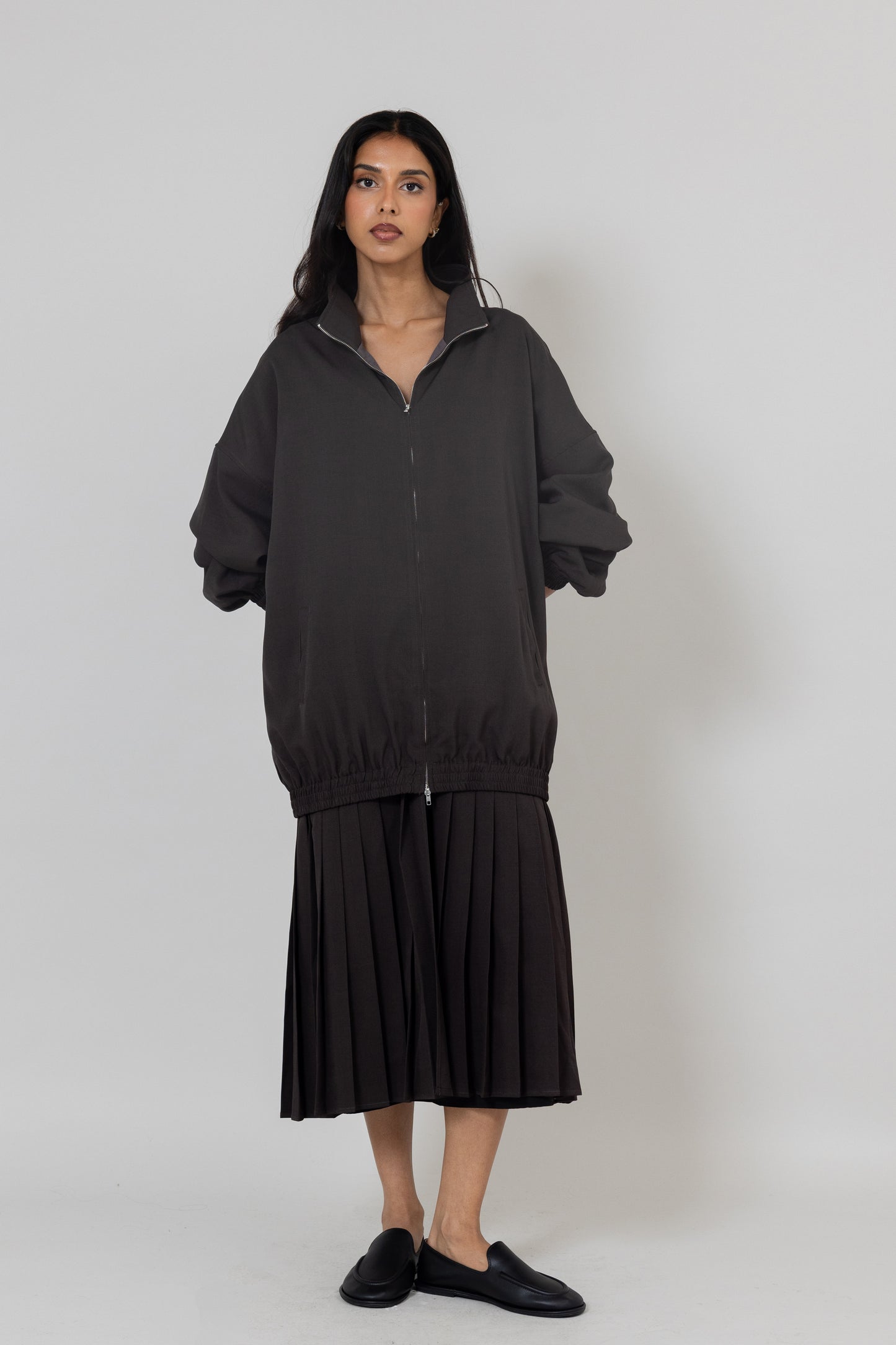 Grey Bomber-like Jacket with Attached Pleats