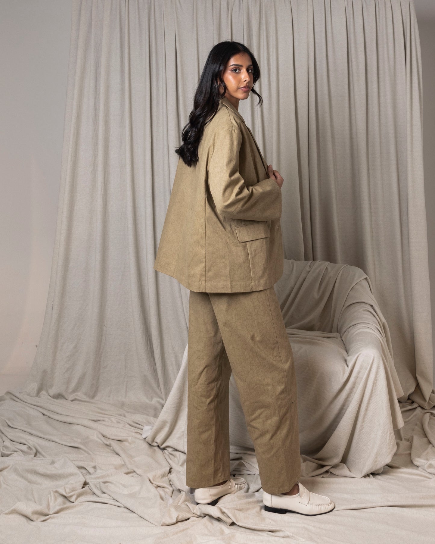Beige Blazer Set with Side Button