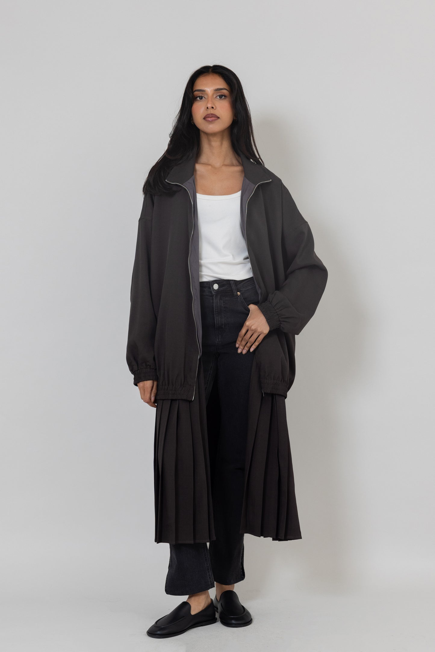 Grey Bomber-like Jacket with Attached Pleats
