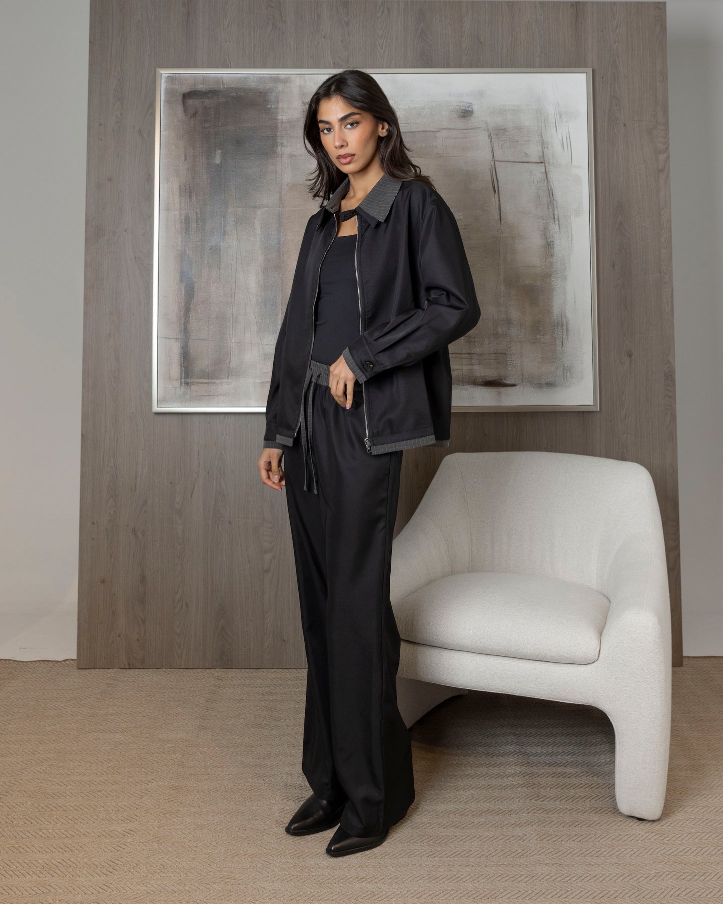 Black Jacket with Grey Striped Collar Set