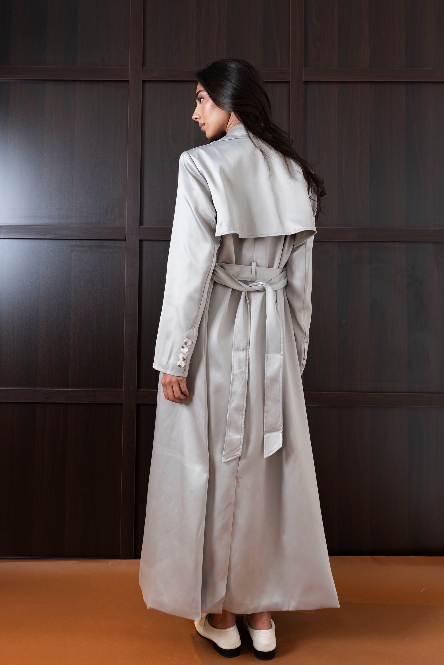 Grey Silk Long Blazer/Trench Set