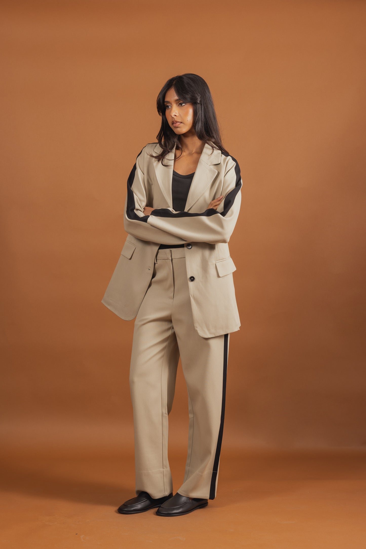 Beige Suit Set with Black Line Detail