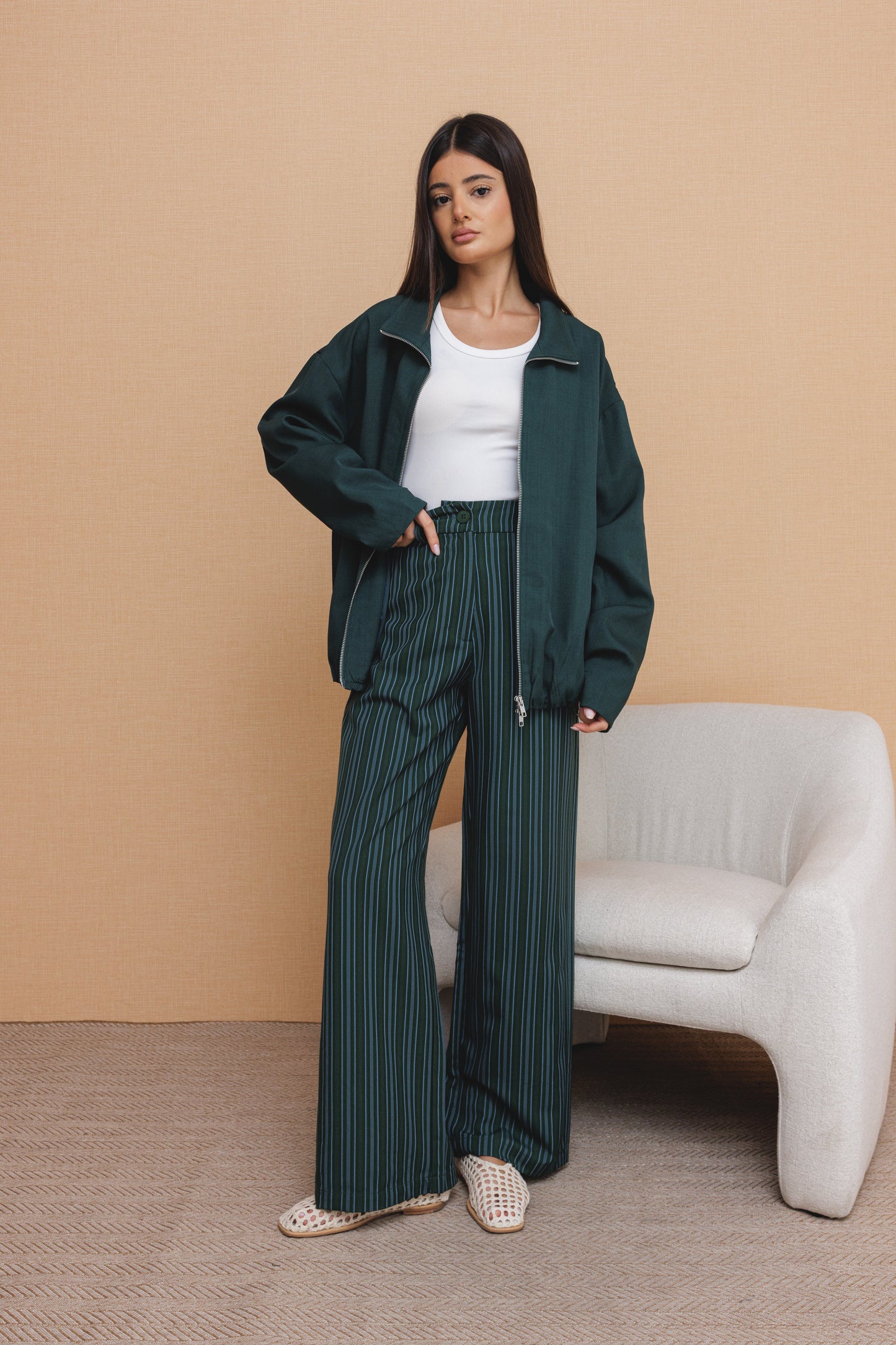 Green Striped Pants with Plain Jacket Set