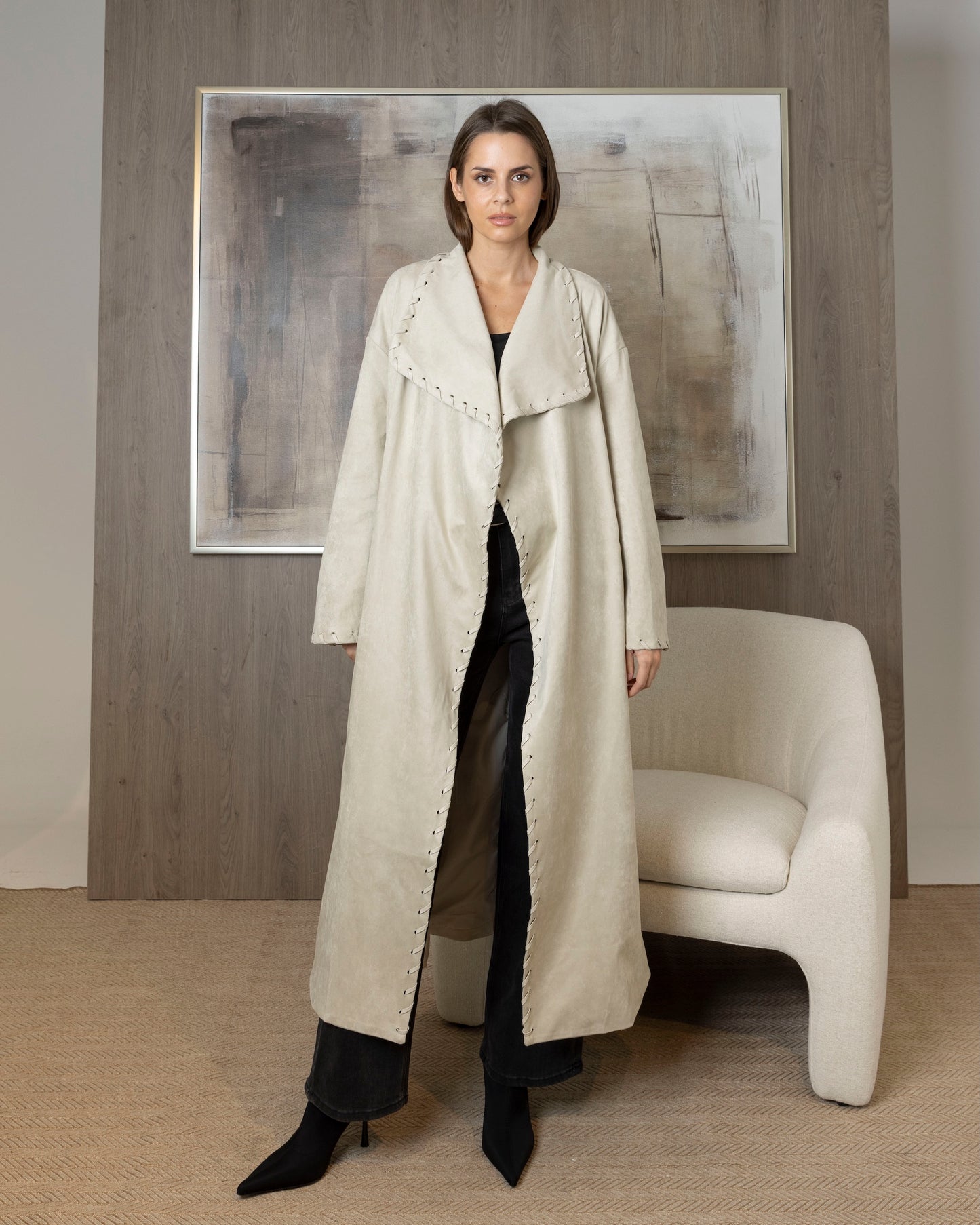 Light Grey Suede Coat with Trimmed Stitching