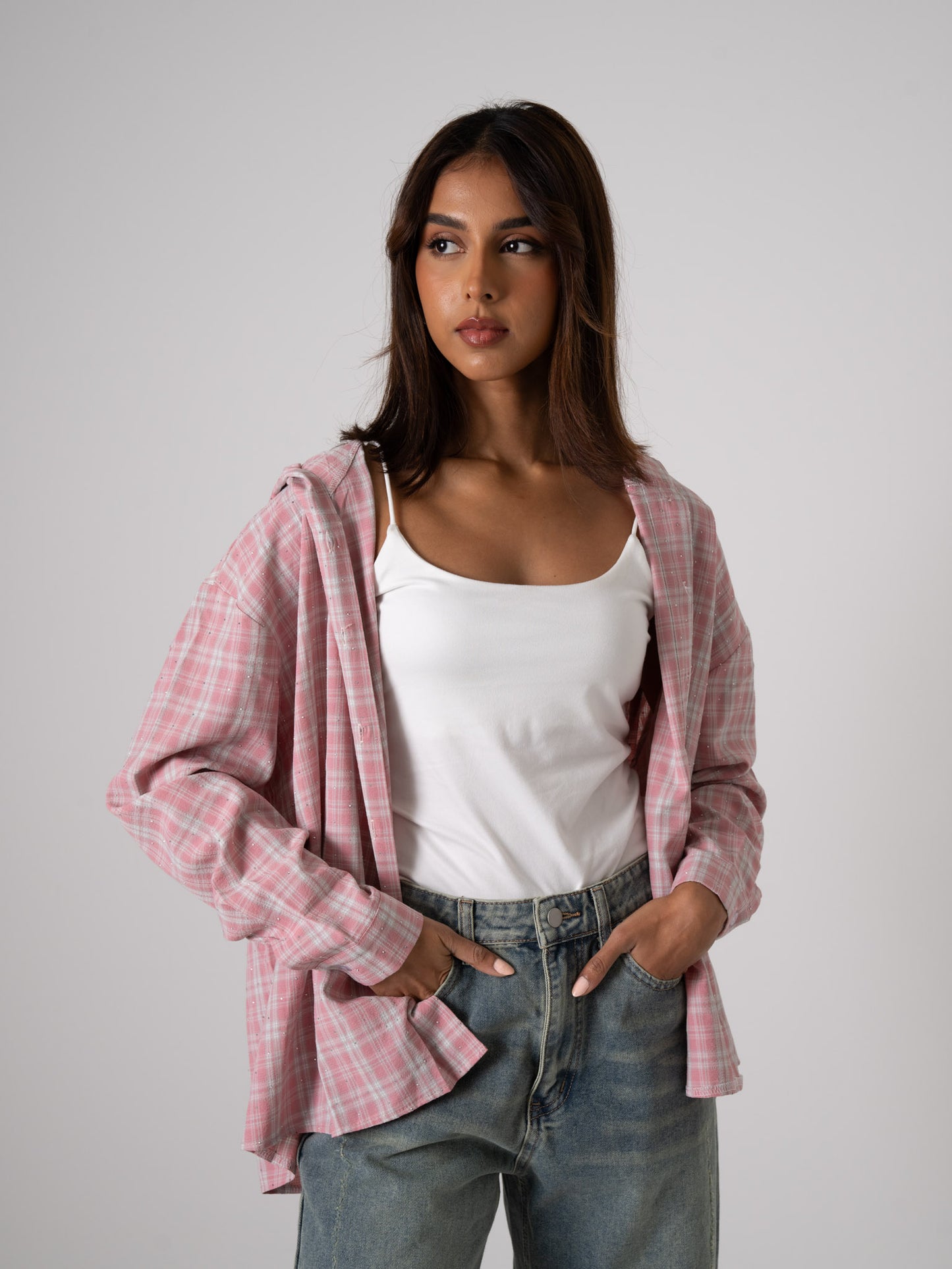 Pink Plaid Hooded Shirt