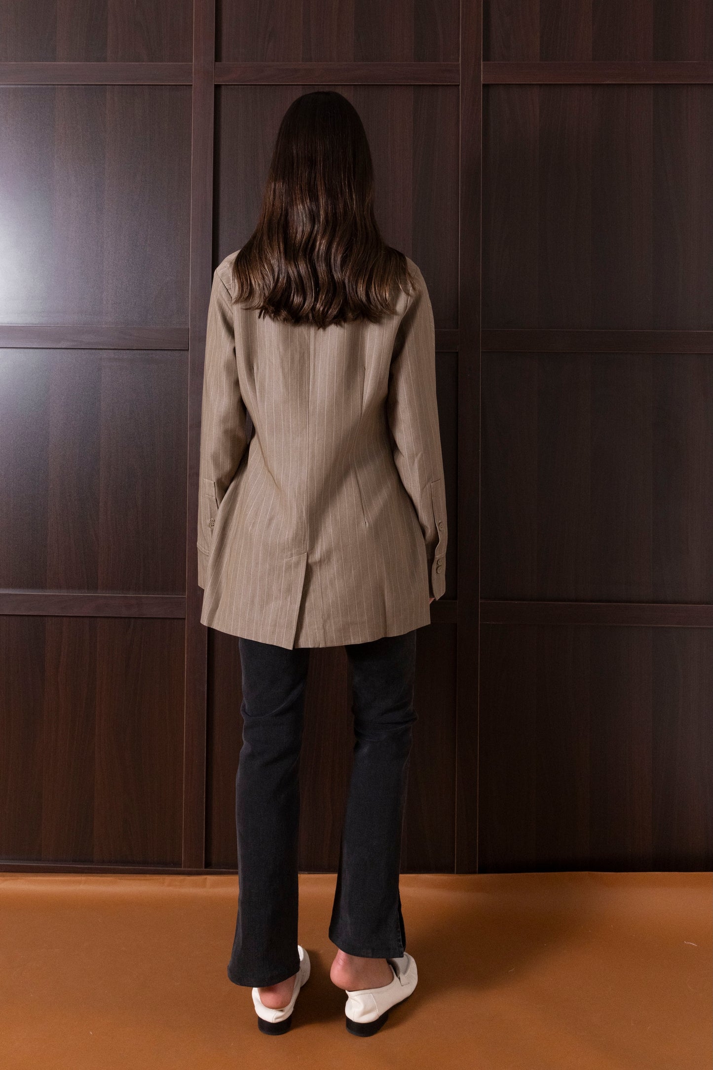 Collared Waisted Striped Jackets (Grey & Beige)