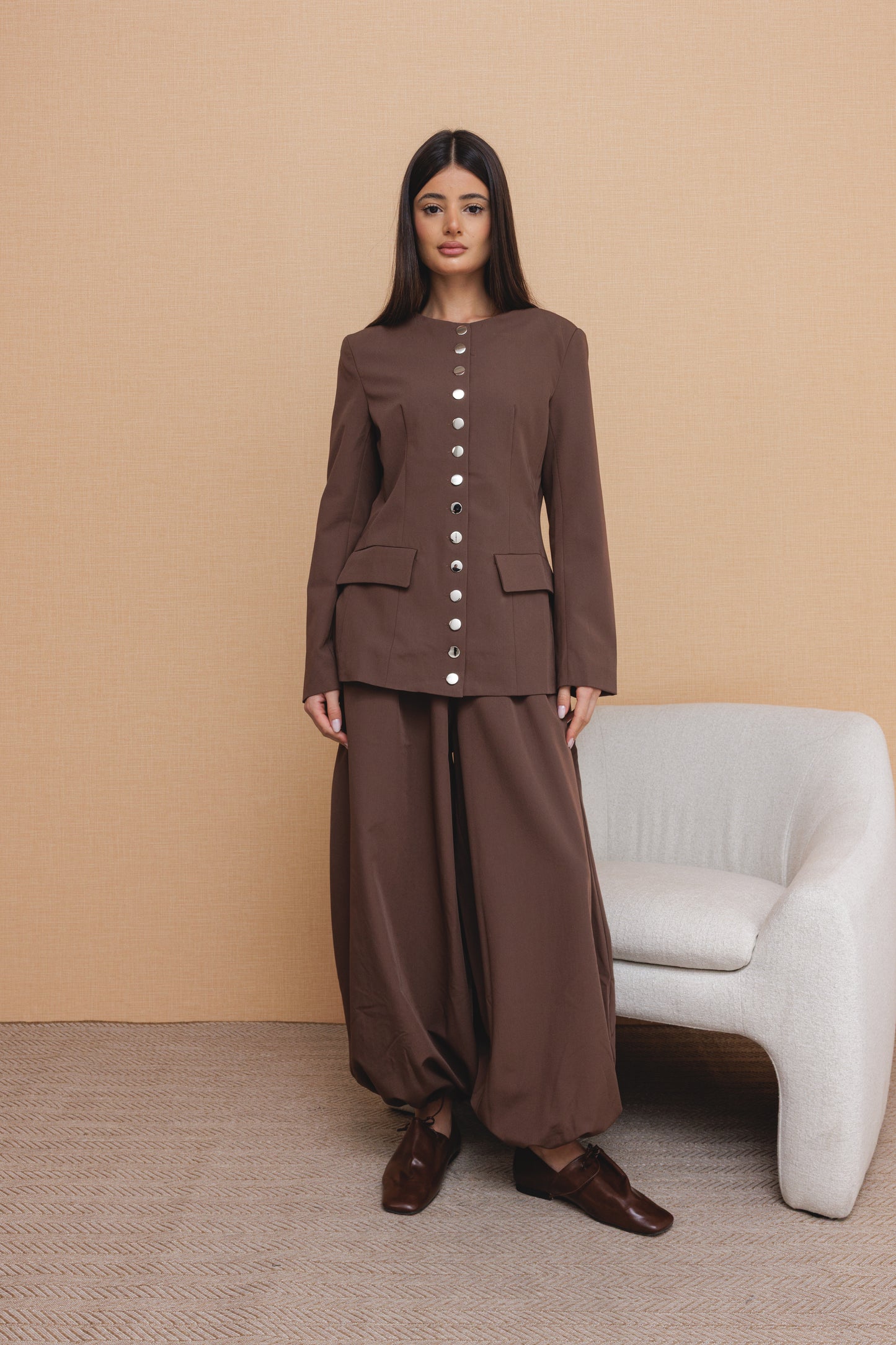 Brown Balloon Pants Buttoned Jacket Set