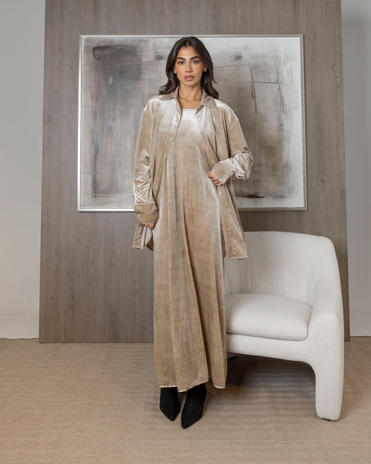 Beige Velvet Shirt & Dress Set