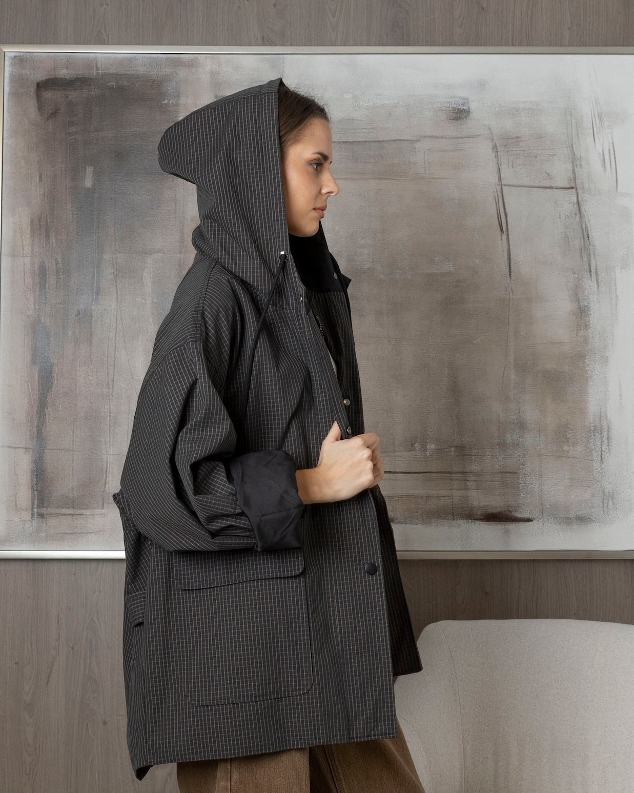 Hooded Plaid Jacket with Pockets