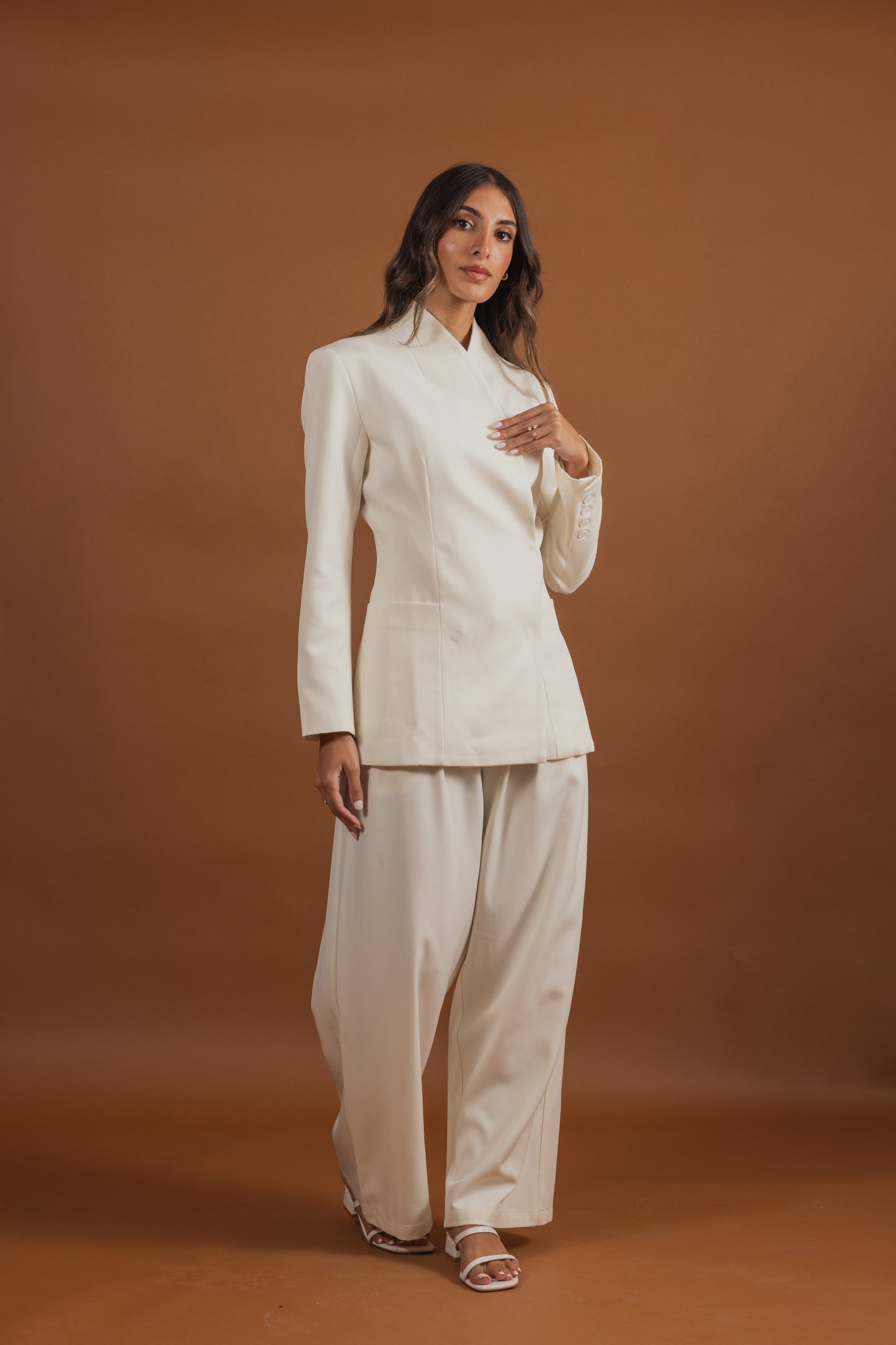 Creme Suit Set with Waisted Jacket