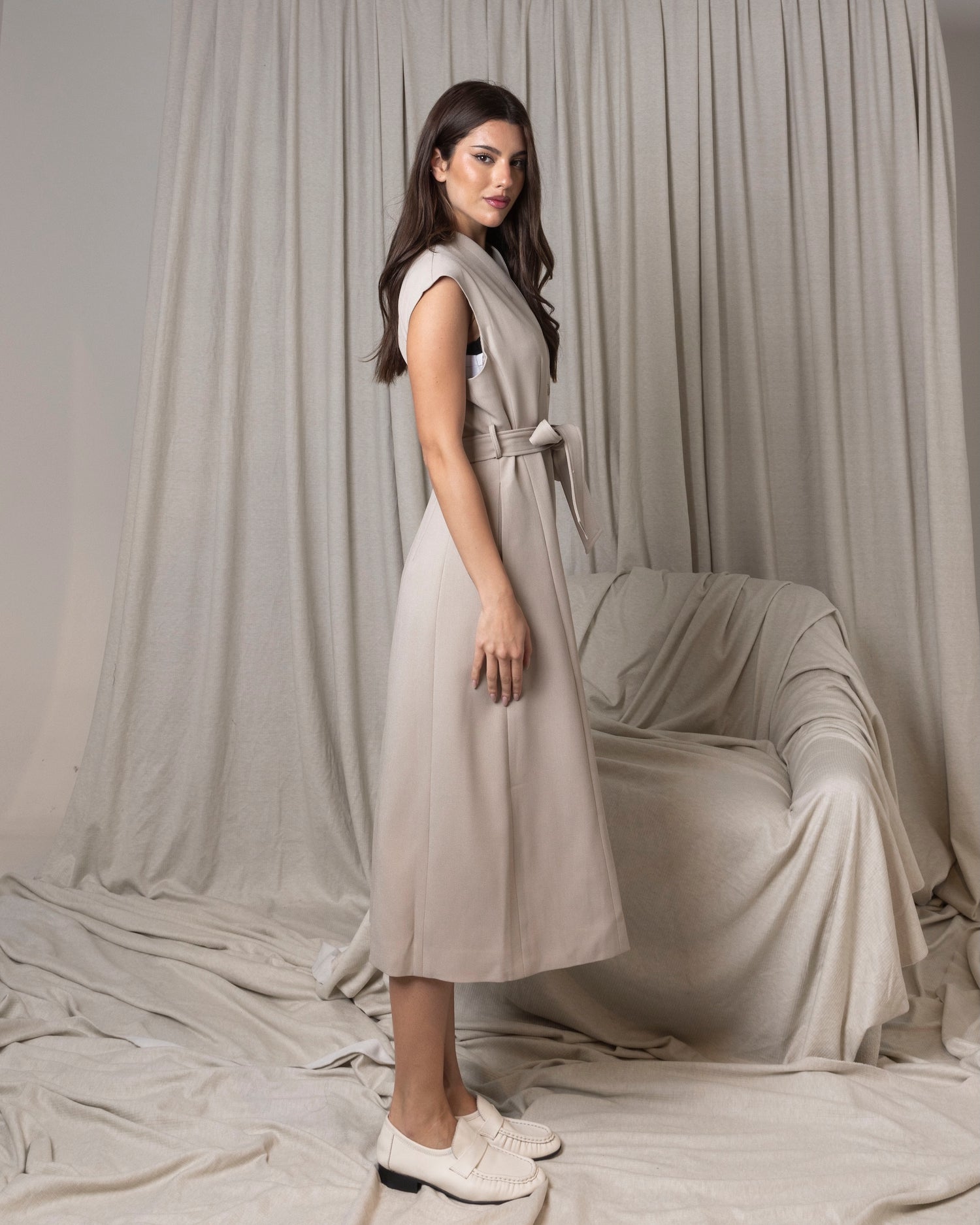 Beige Vest Dress with Belt