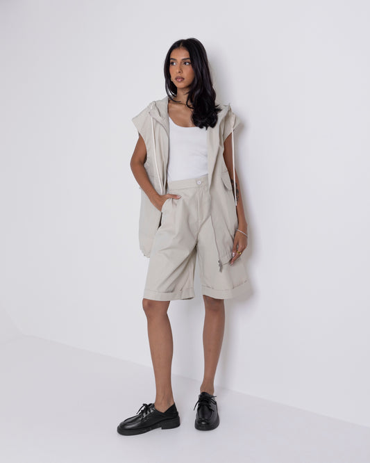Beige Hooded Vest & Shorts Set