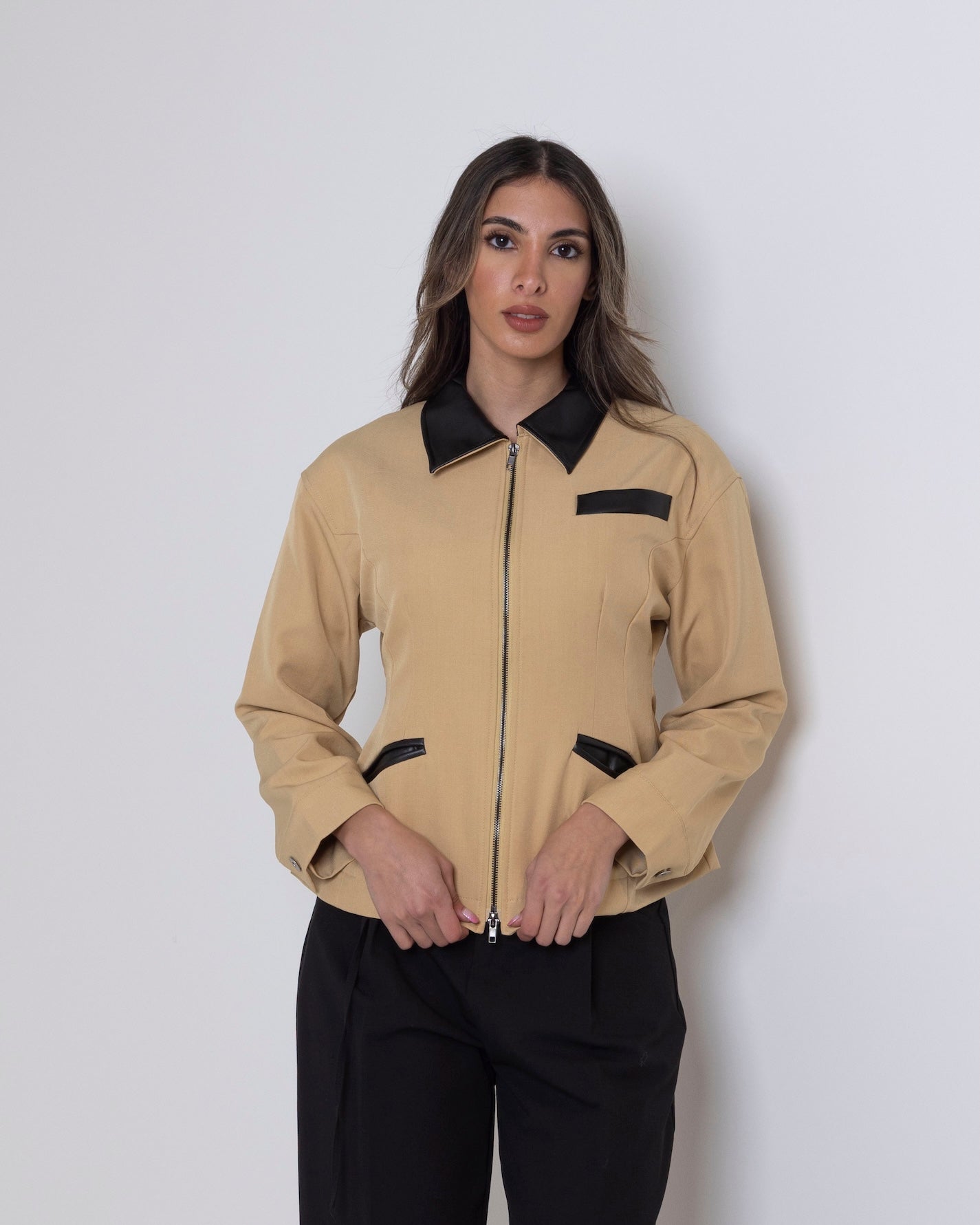 Beige/Yellow Waisted Jacket with Leather Collar