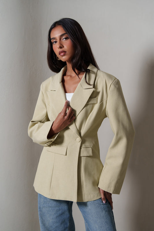 Beige Waisted Double Buttoned Blazer