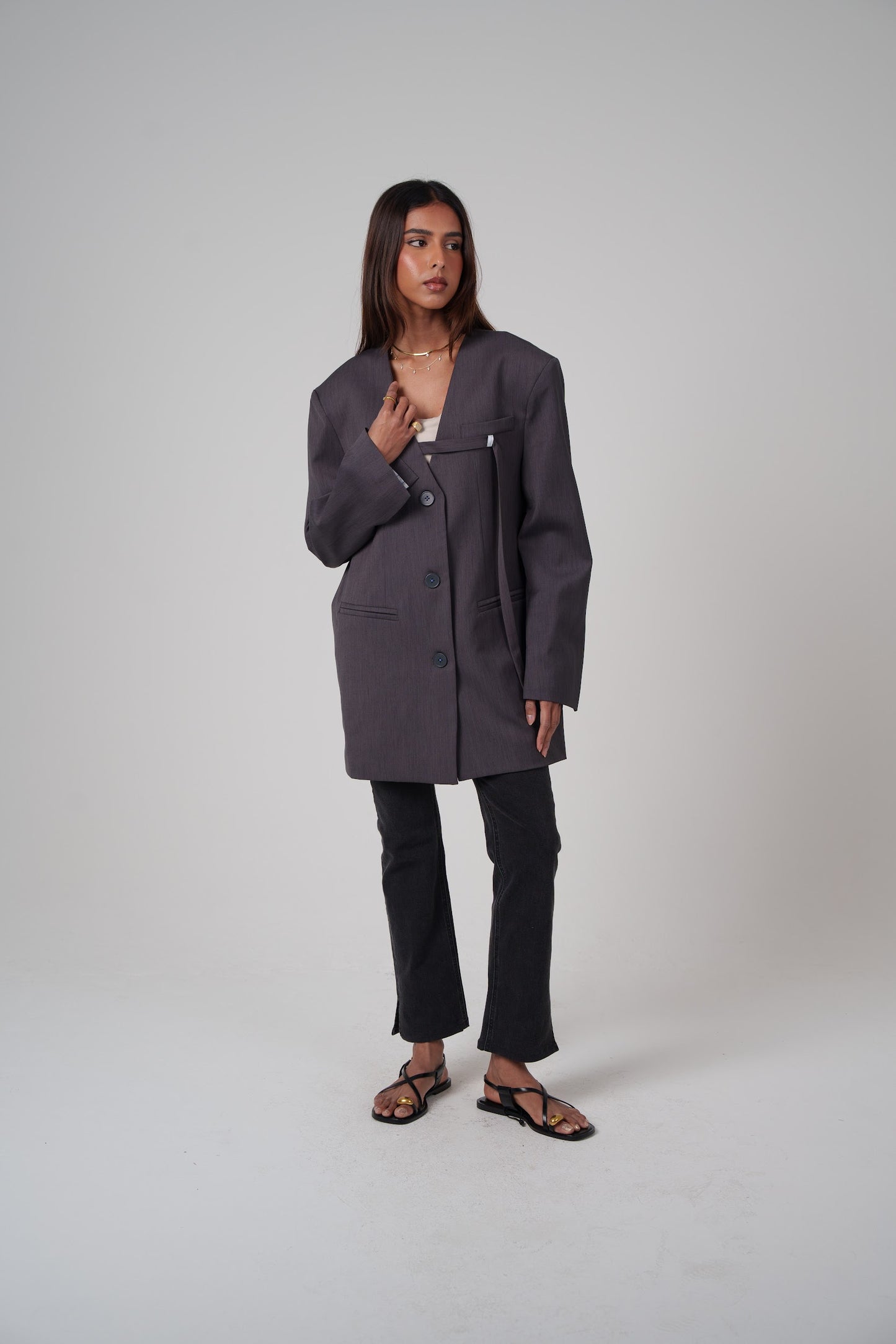 Grey Non-Collared Modern Blazer with Rope