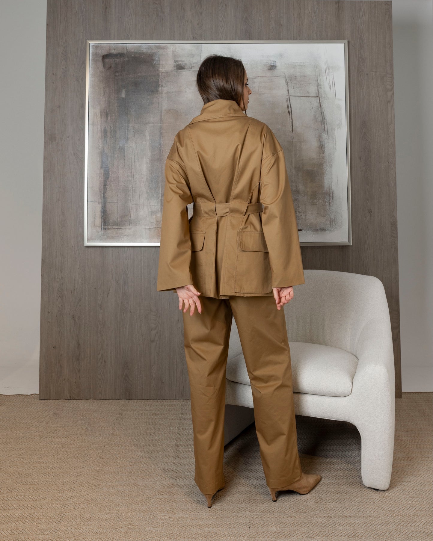 Dark Beige Short Trench with Back Pockets Set