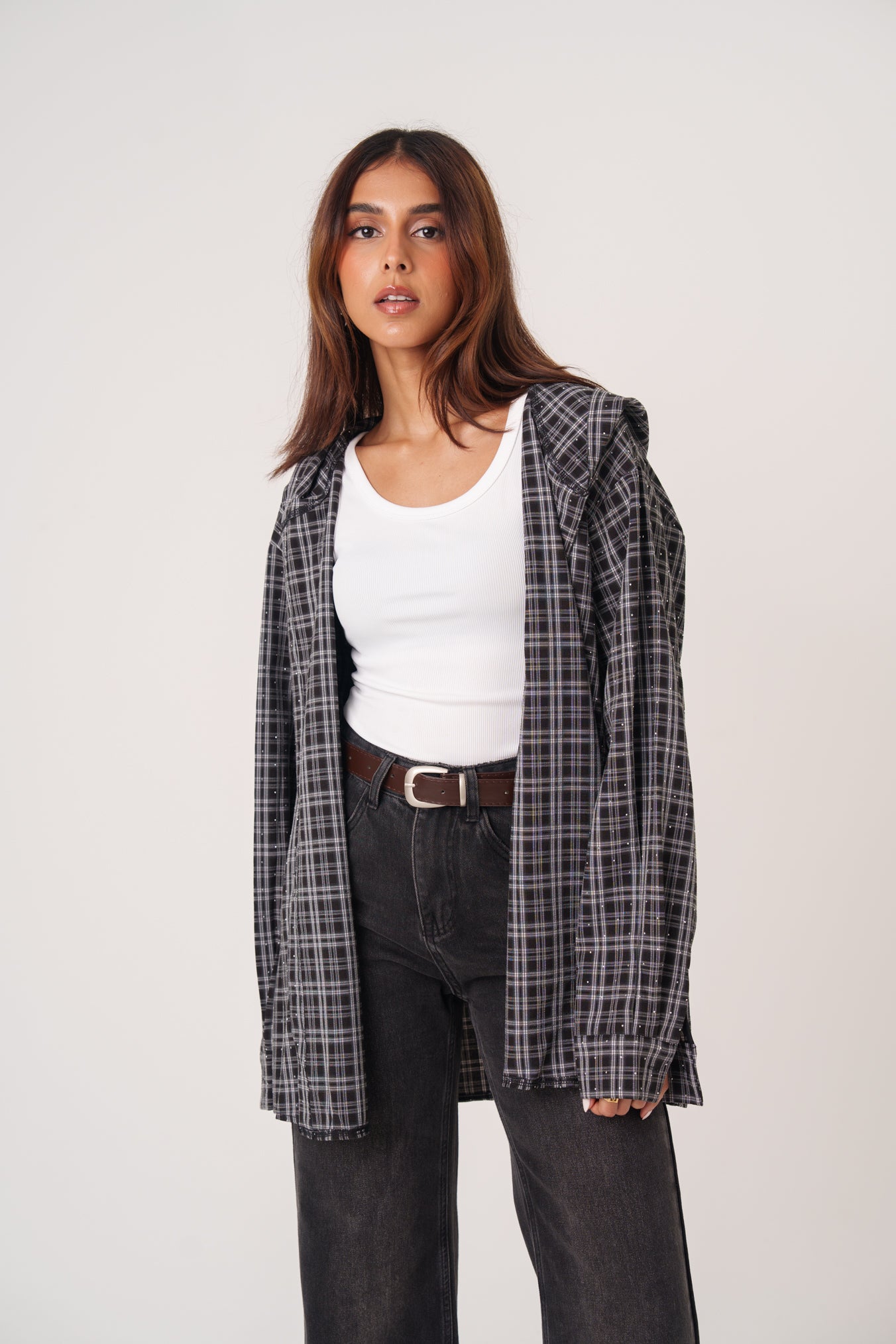 Black Plaid Crystal Embellished Shirt