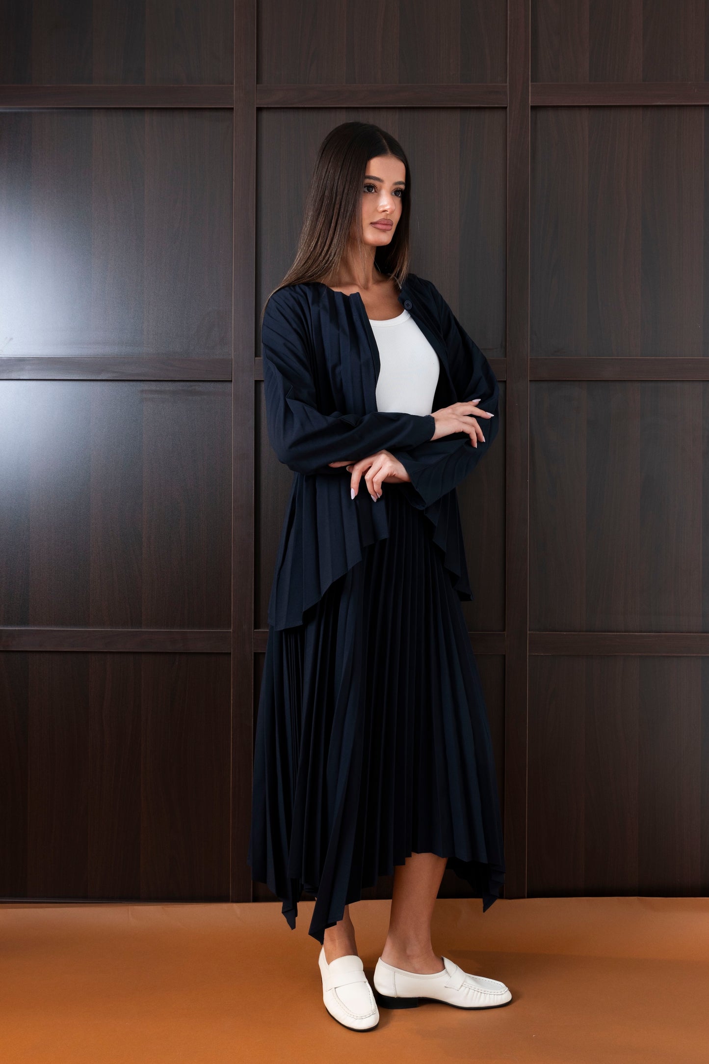Navy Pleated Skirt Set