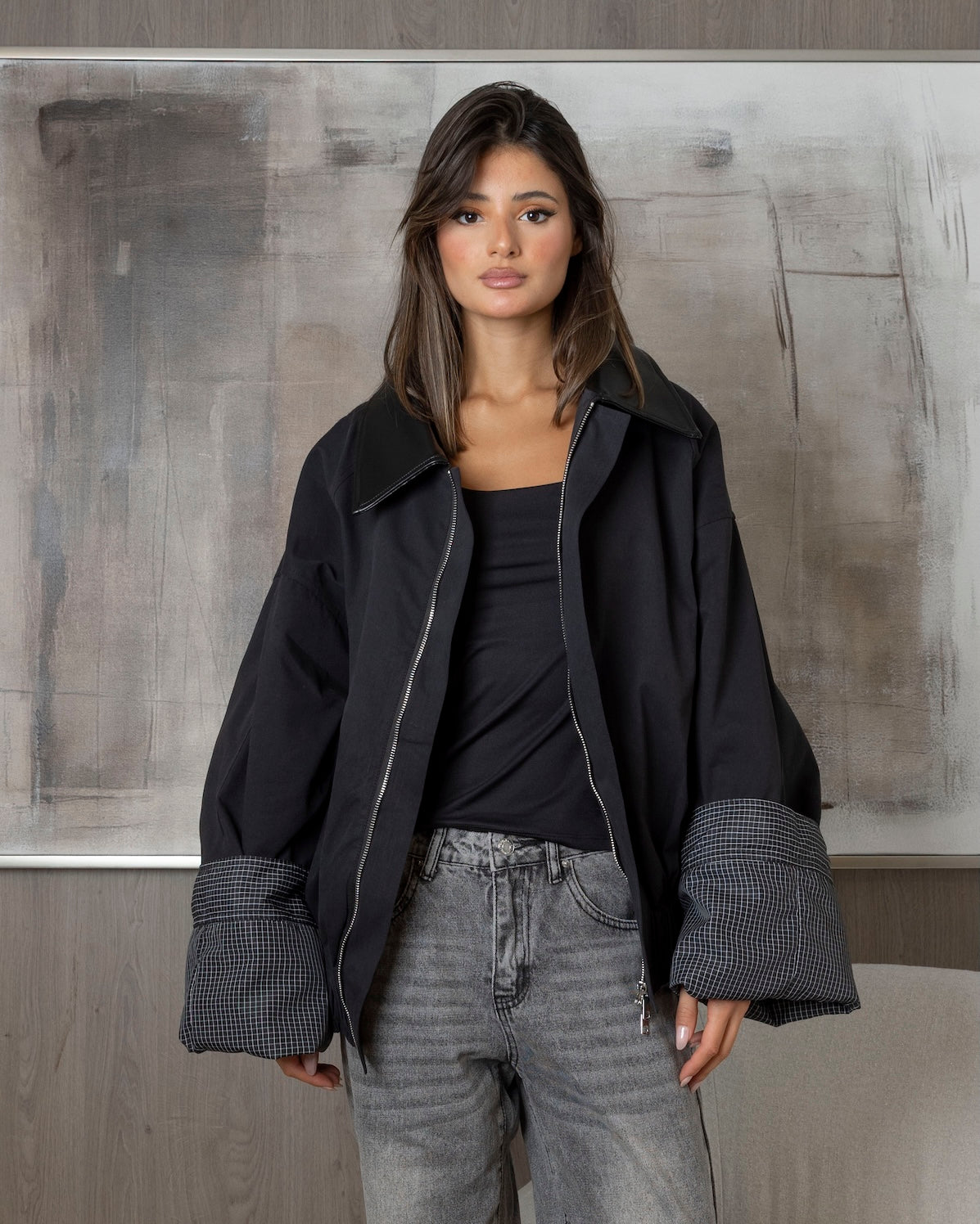 Black Bomber with Checked Fold