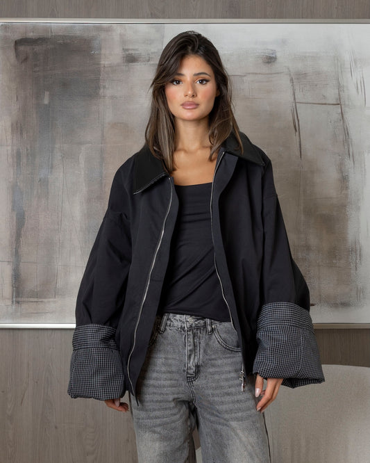 Black Bomber with Checked Fold