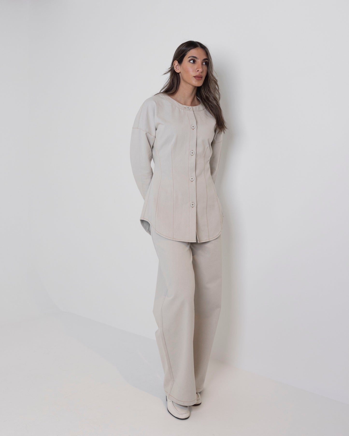 Beige Denim Waisted Set with Contrast Stitching