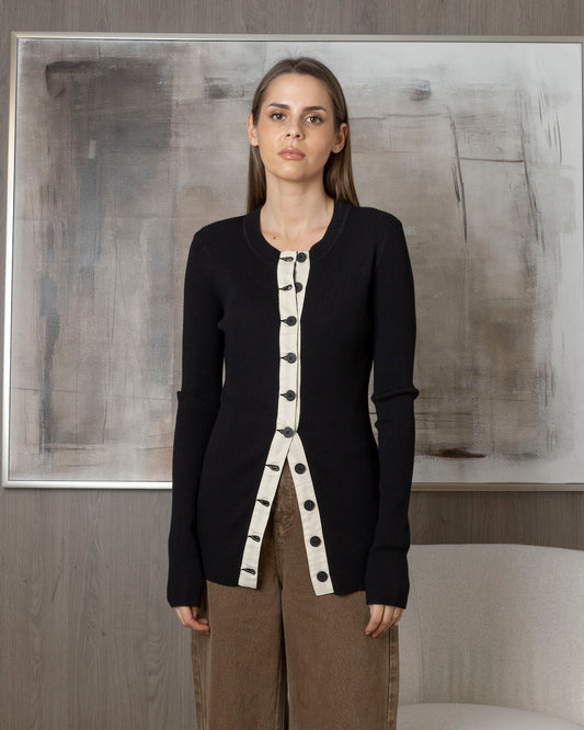 Black Ribbed Cardigan with Pastel Yellow Detail